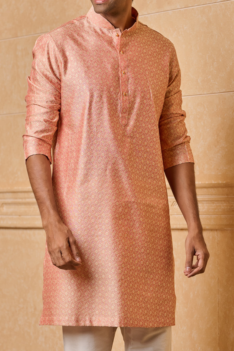 Beige Floral Jacquard Kurta Set