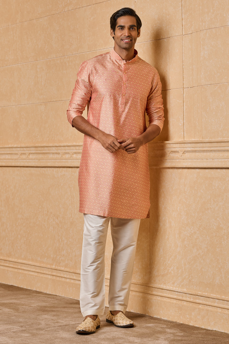 Beige Floral Jacquard Kurta Set