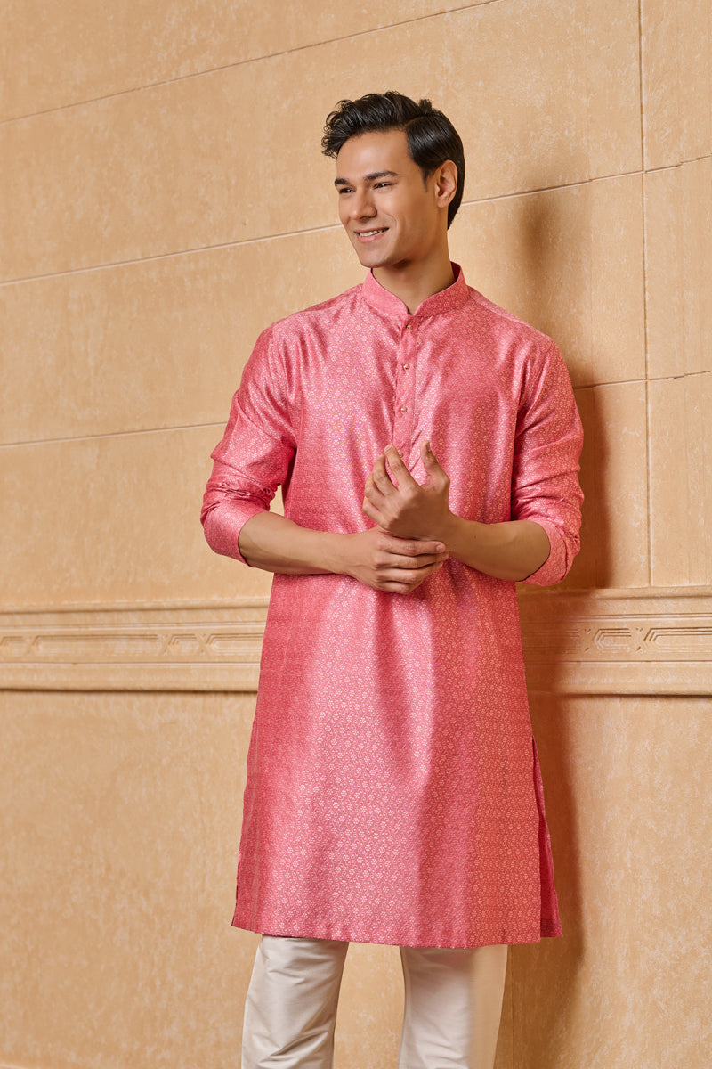 Pink Floral Jacquard Kurta Set