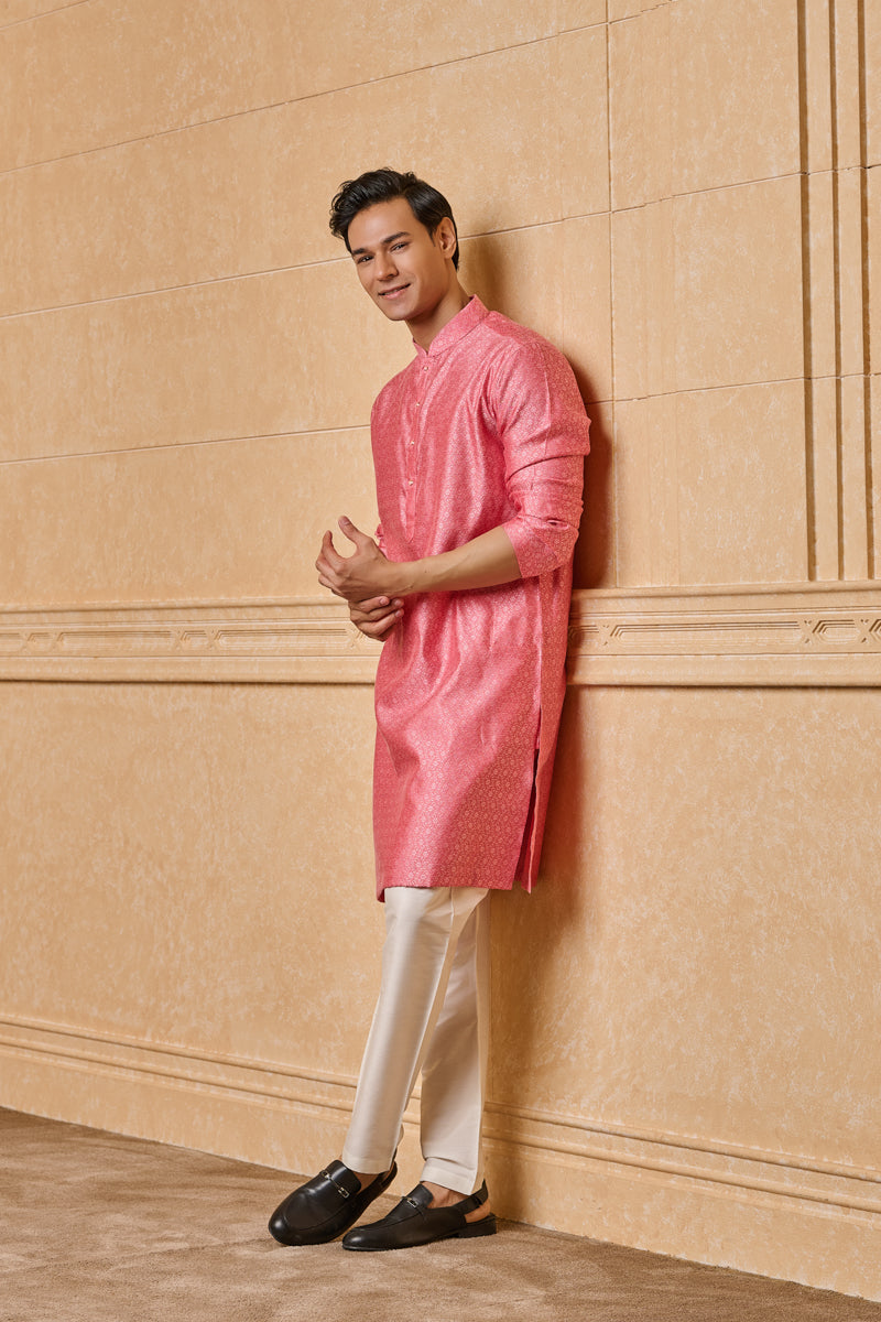 Pink Floral Jacquard Kurta Set