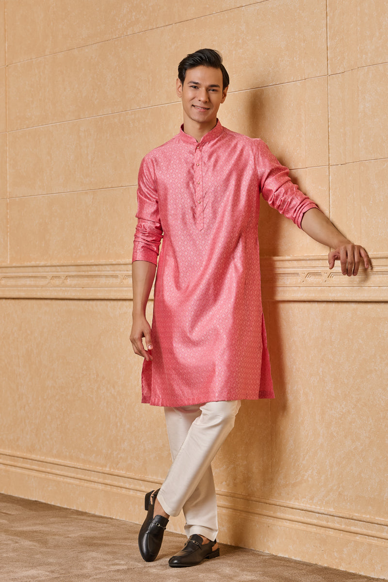 Pink Floral Jacquard Kurta Set