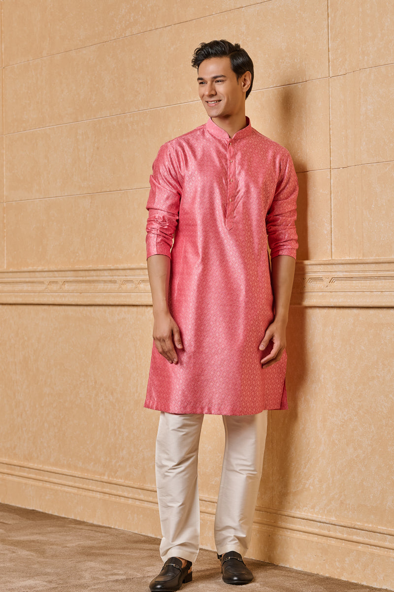 Pink Floral Jacquard Kurta Set