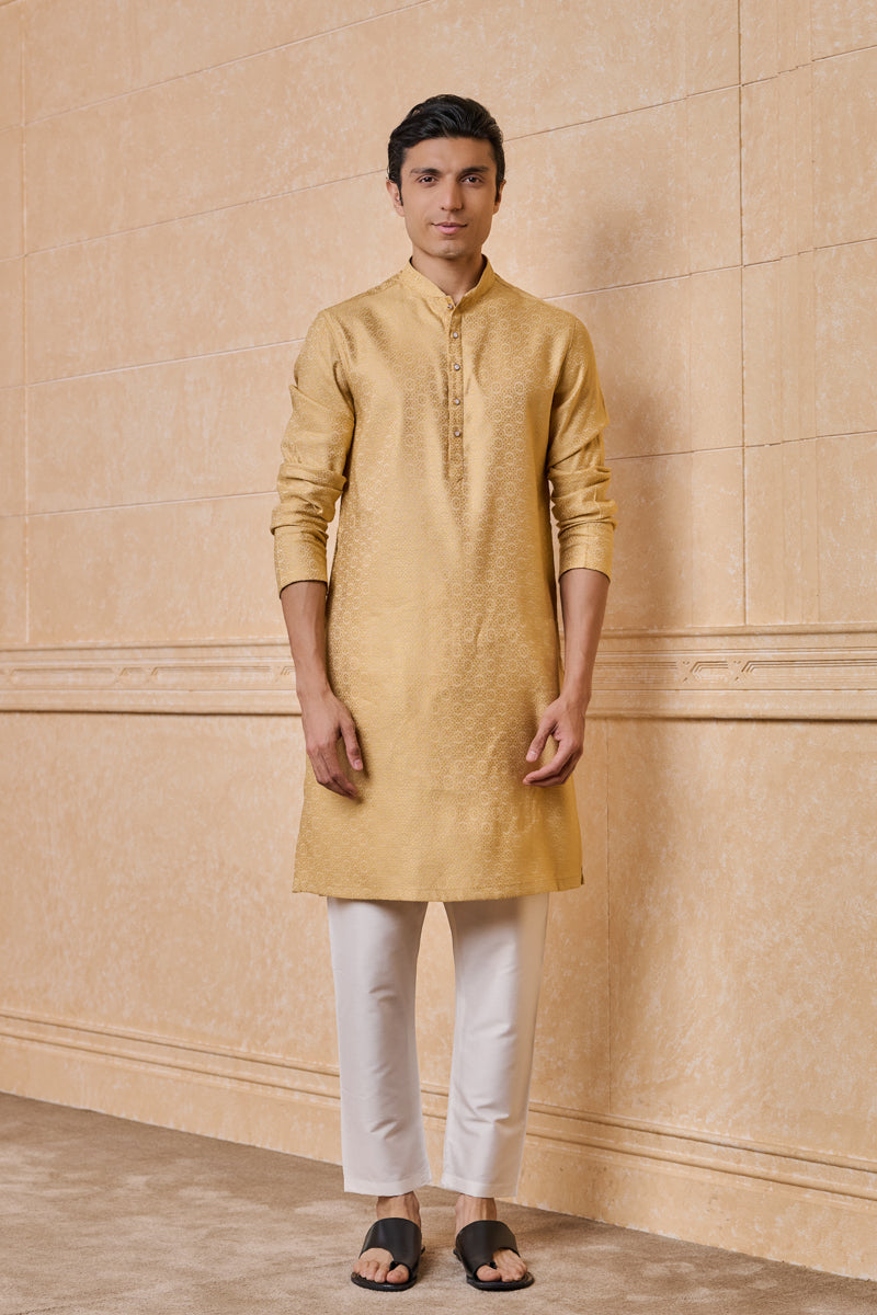 Gold Jacquard Kurta Set With Top Stitch Detailing