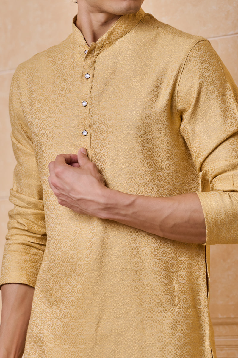 Gold Jacquard Kurta Set With Top Stitch Detailing