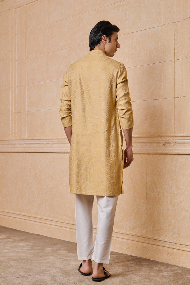 Gold Jacquard Kurta Set With Top Stitch Detailing