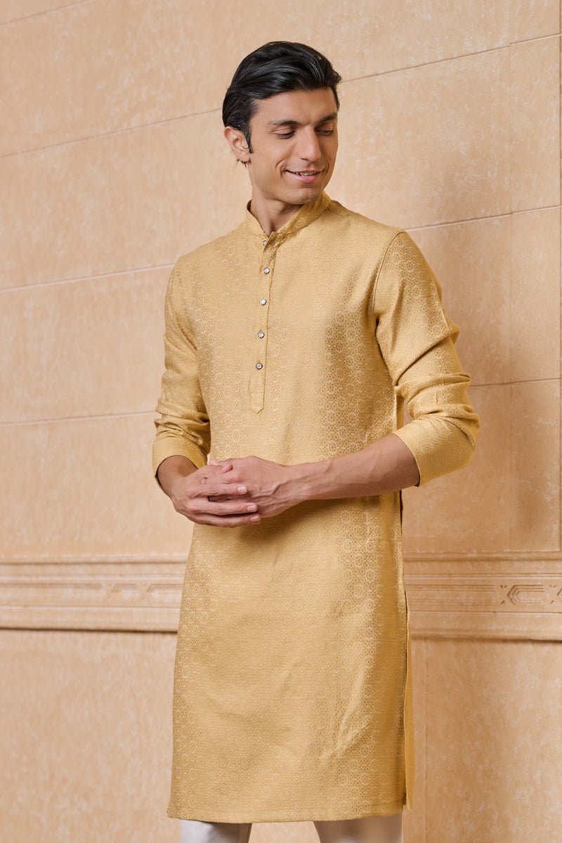 Gold Jacquard Kurta Set With Top Stitch Detailing