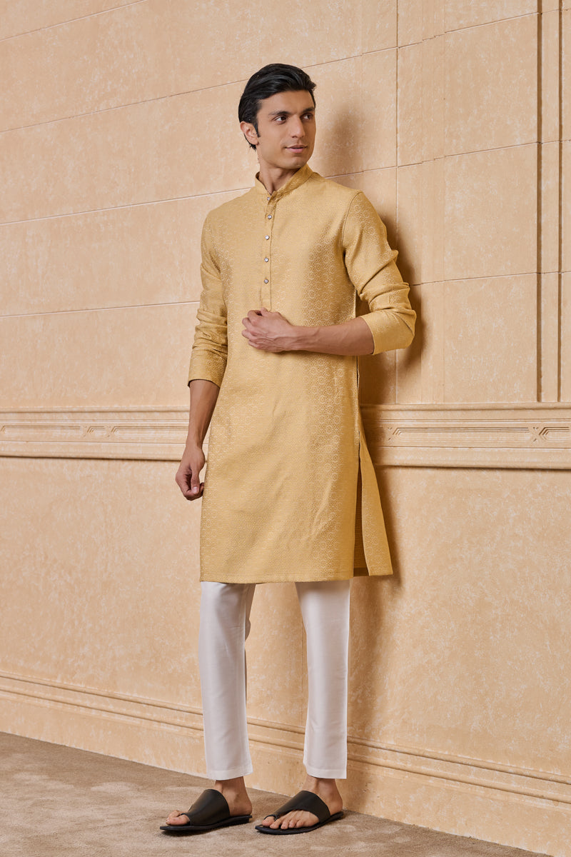 Gold Jacquard Kurta Set With Top Stitch Detailing