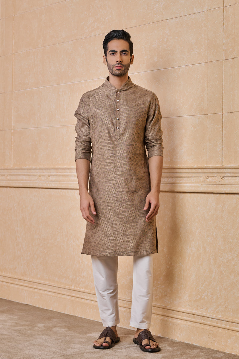 Grey Jacquard Kurta Set With Top Stitch Detailing