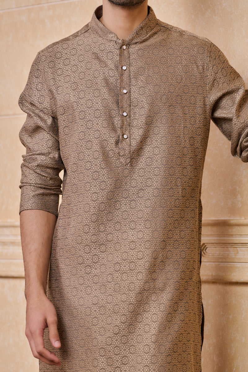 Grey Jacquard Kurta Set With Top Stitch Detailing