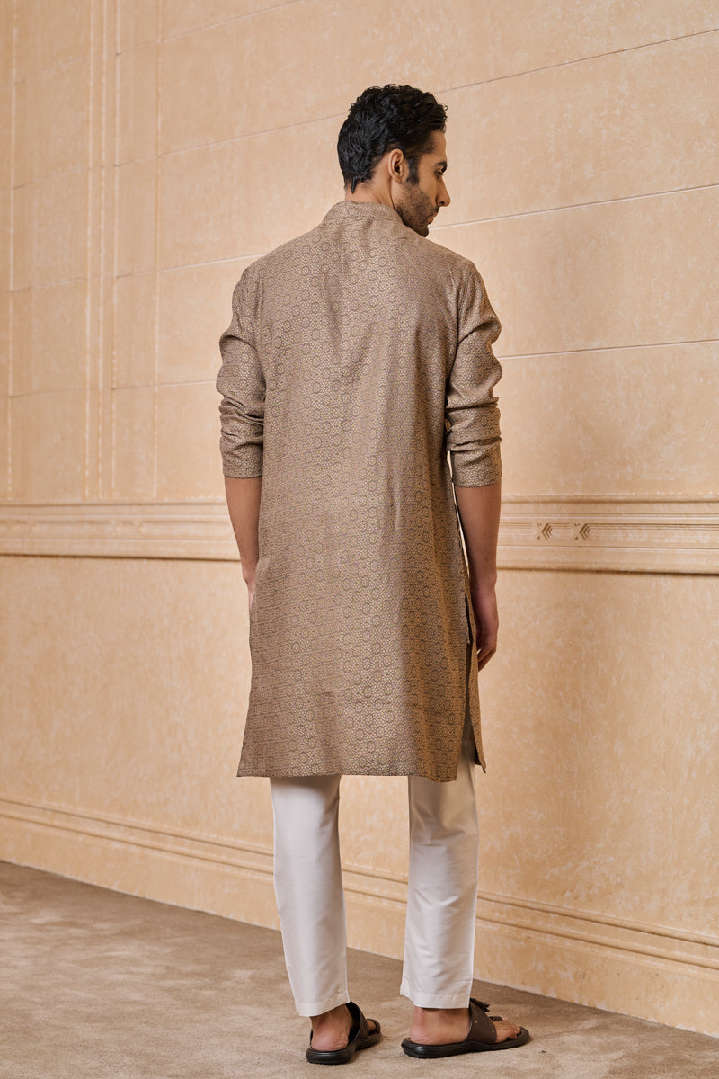 Grey Jacquard Kurta Set With Top Stitch Detailing