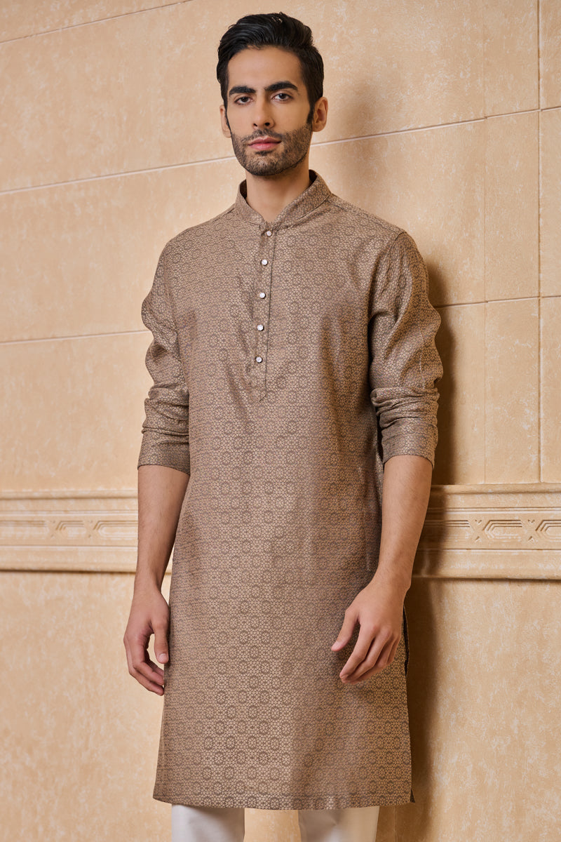 Grey Jacquard Kurta Set With Top Stitch Detailing