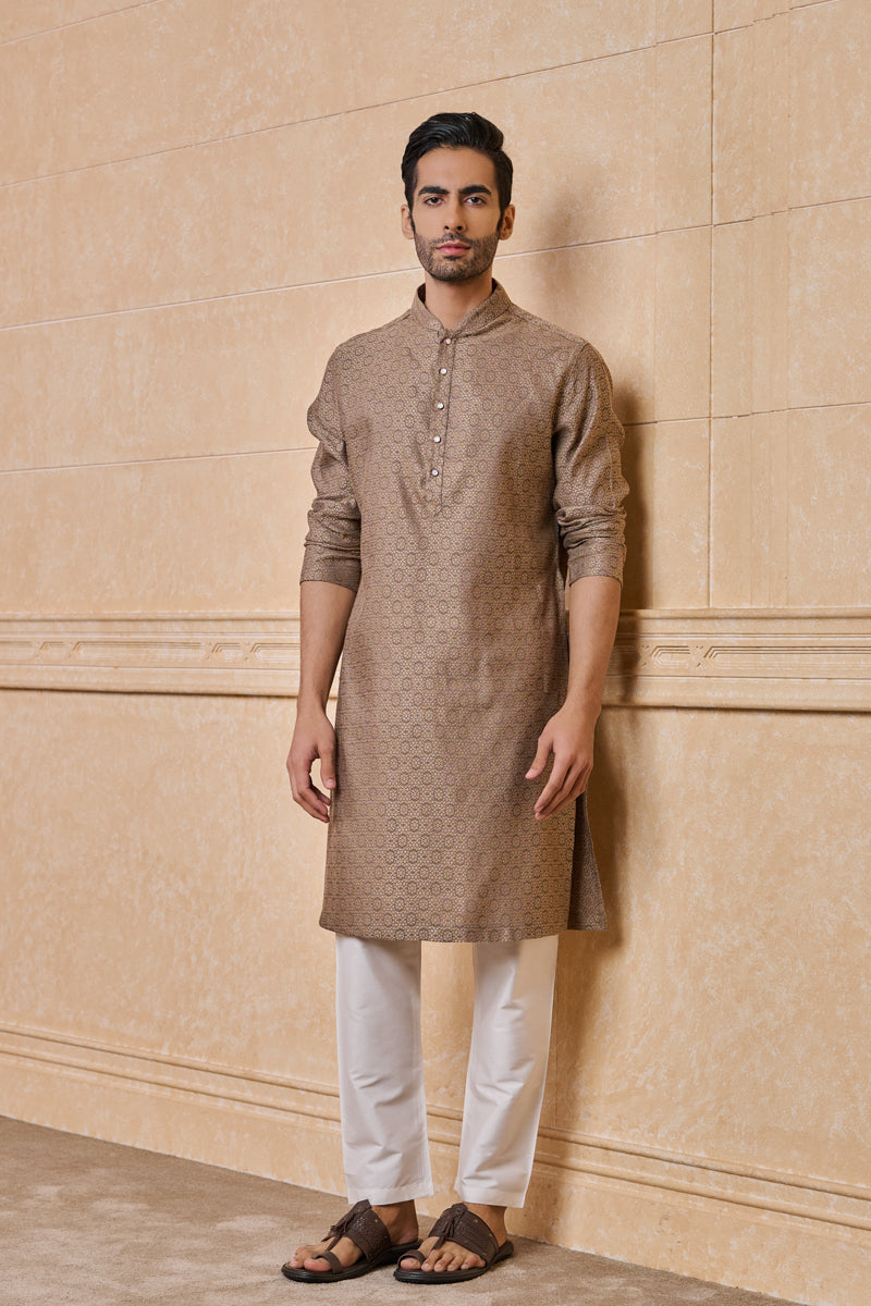 Grey Jacquard Kurta Set With Top Stitch Detailing