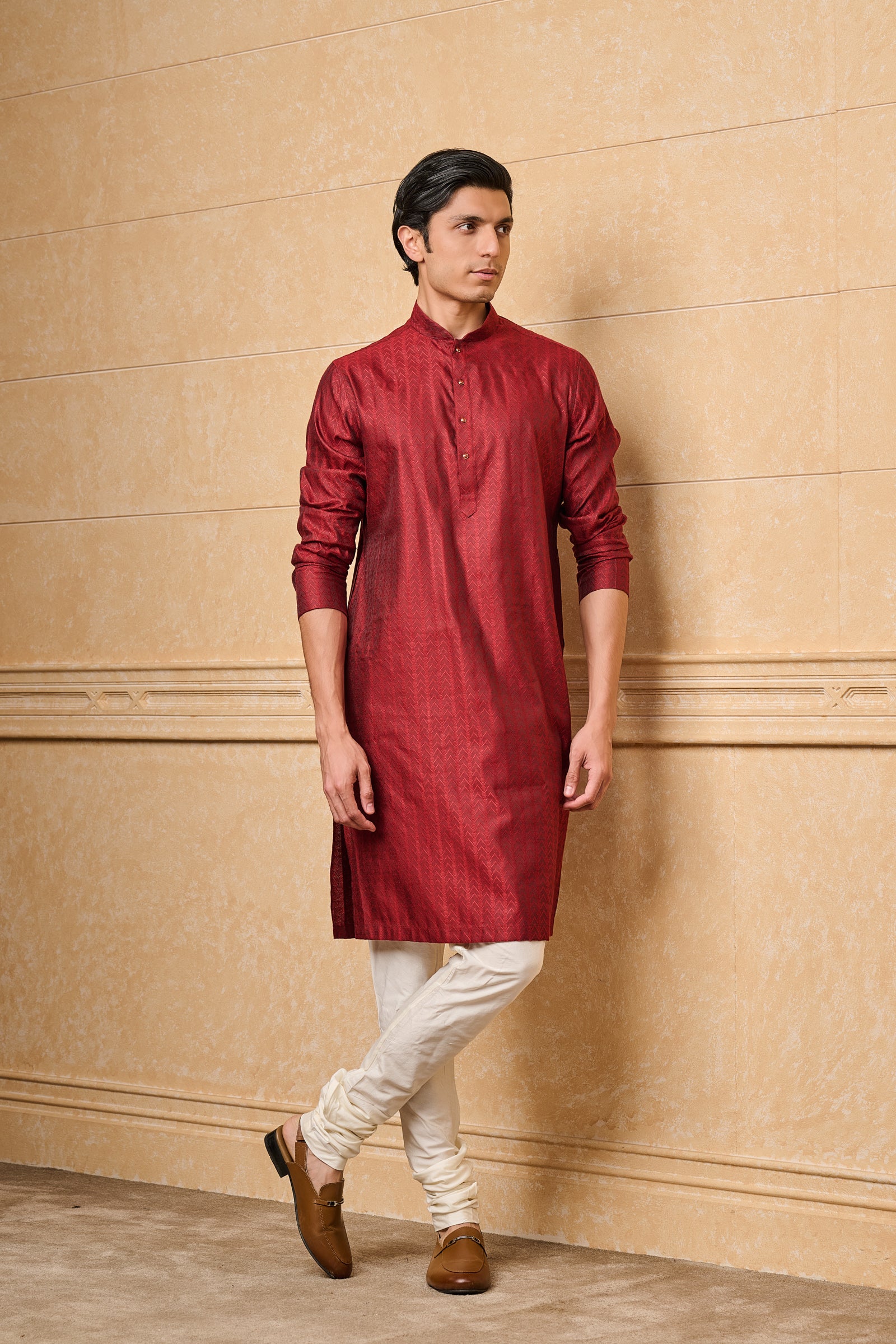 Maroon Chevron Pattern Jacquard Kurta Set