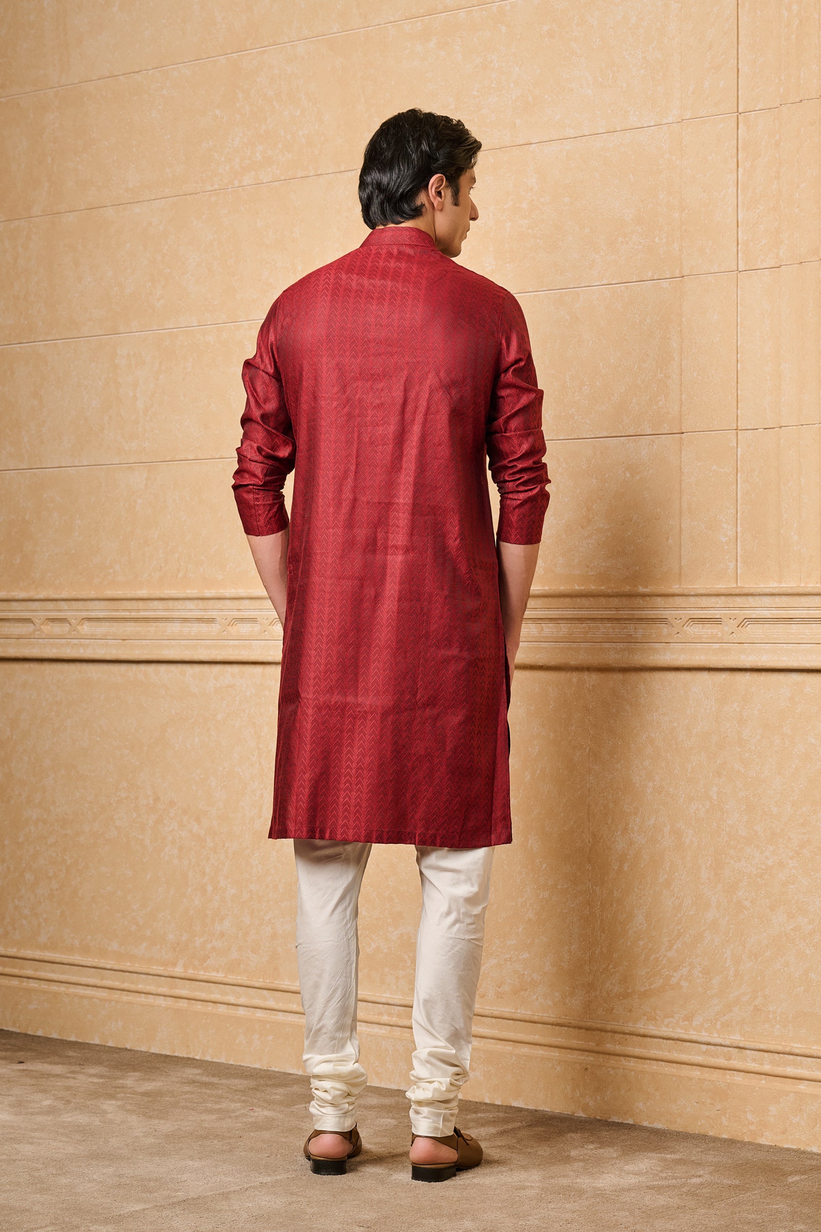 Maroon Chevron Pattern Jacquard Kurta Set