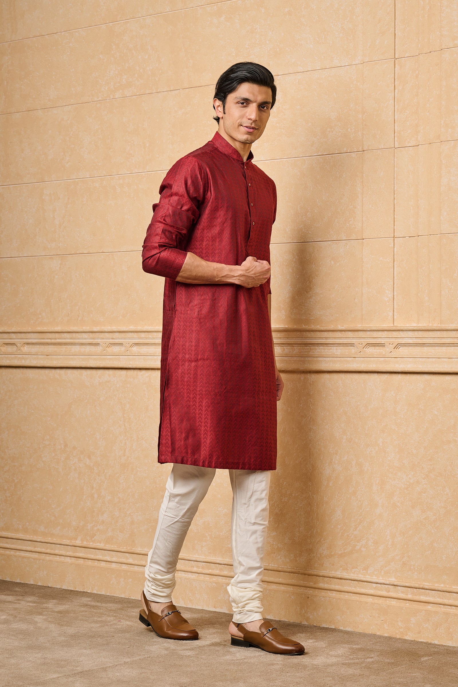 Maroon Chevron Pattern Jacquard Kurta Set