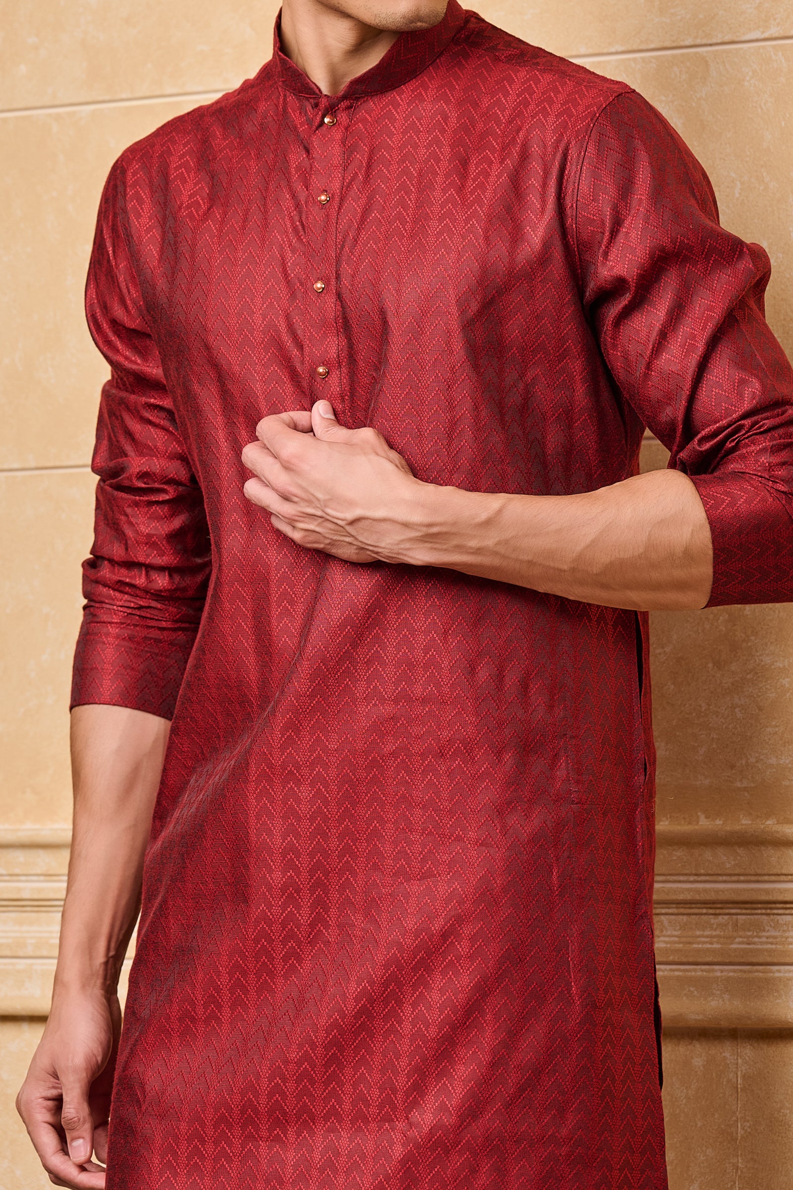 Maroon Chevron Pattern Jacquard Kurta Set