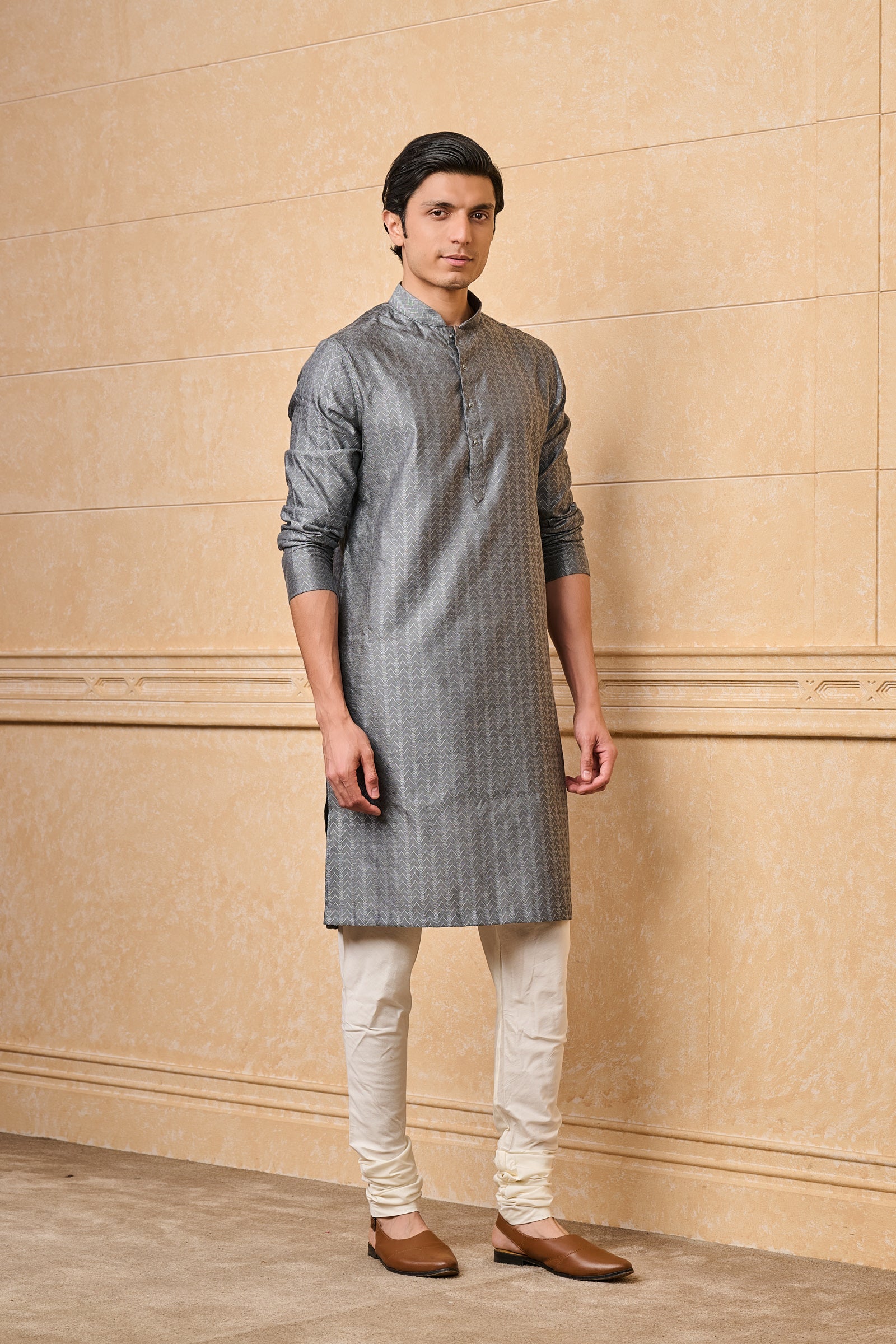 Grey Chevron Pattern Jacquard Kurta Set