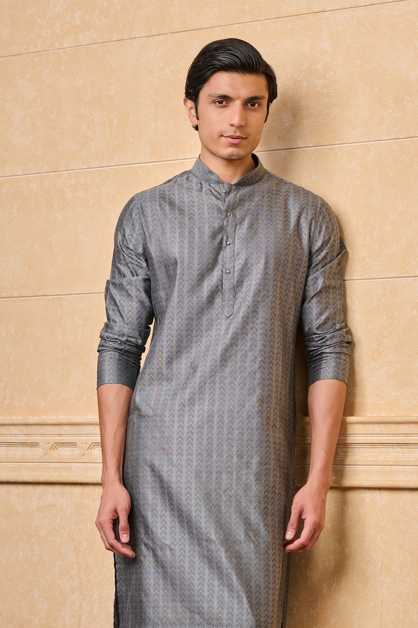 Grey Chevron Pattern Jacquard Kurta Set