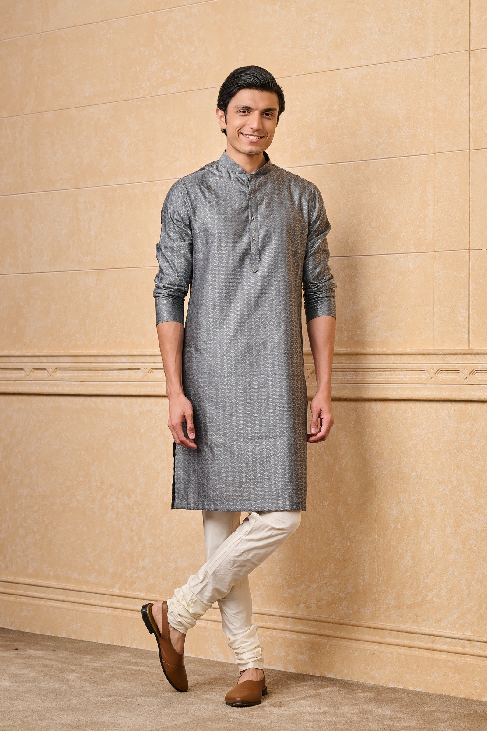 Grey Chevron Pattern Jacquard Kurta Set