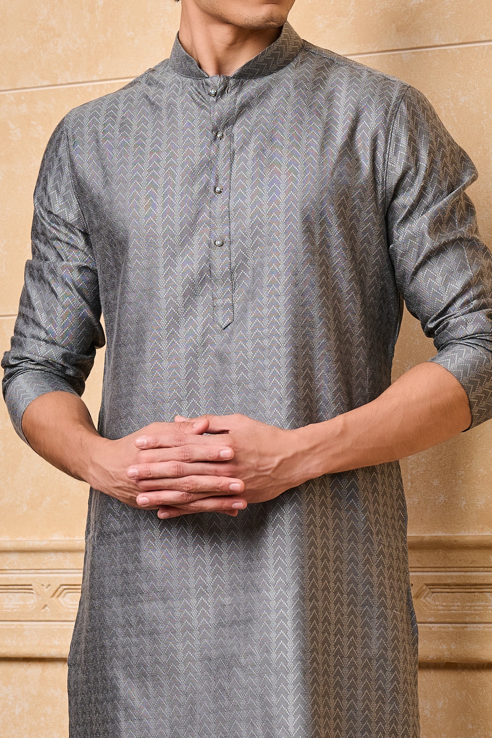 Grey Chevron Pattern Jacquard Kurta Set