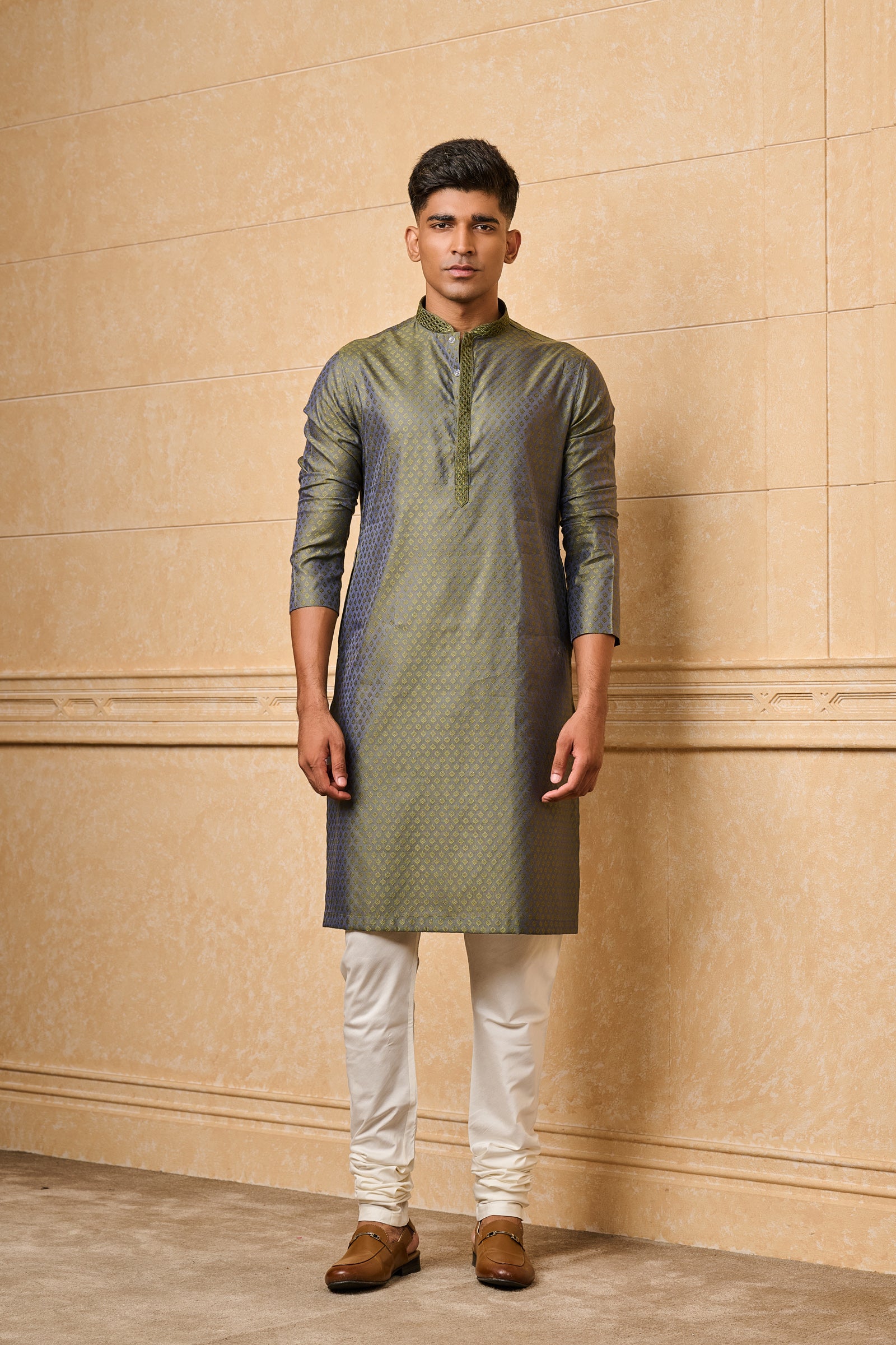 Dark Green Jacquard Kurta Set With Top Stitch Detailing