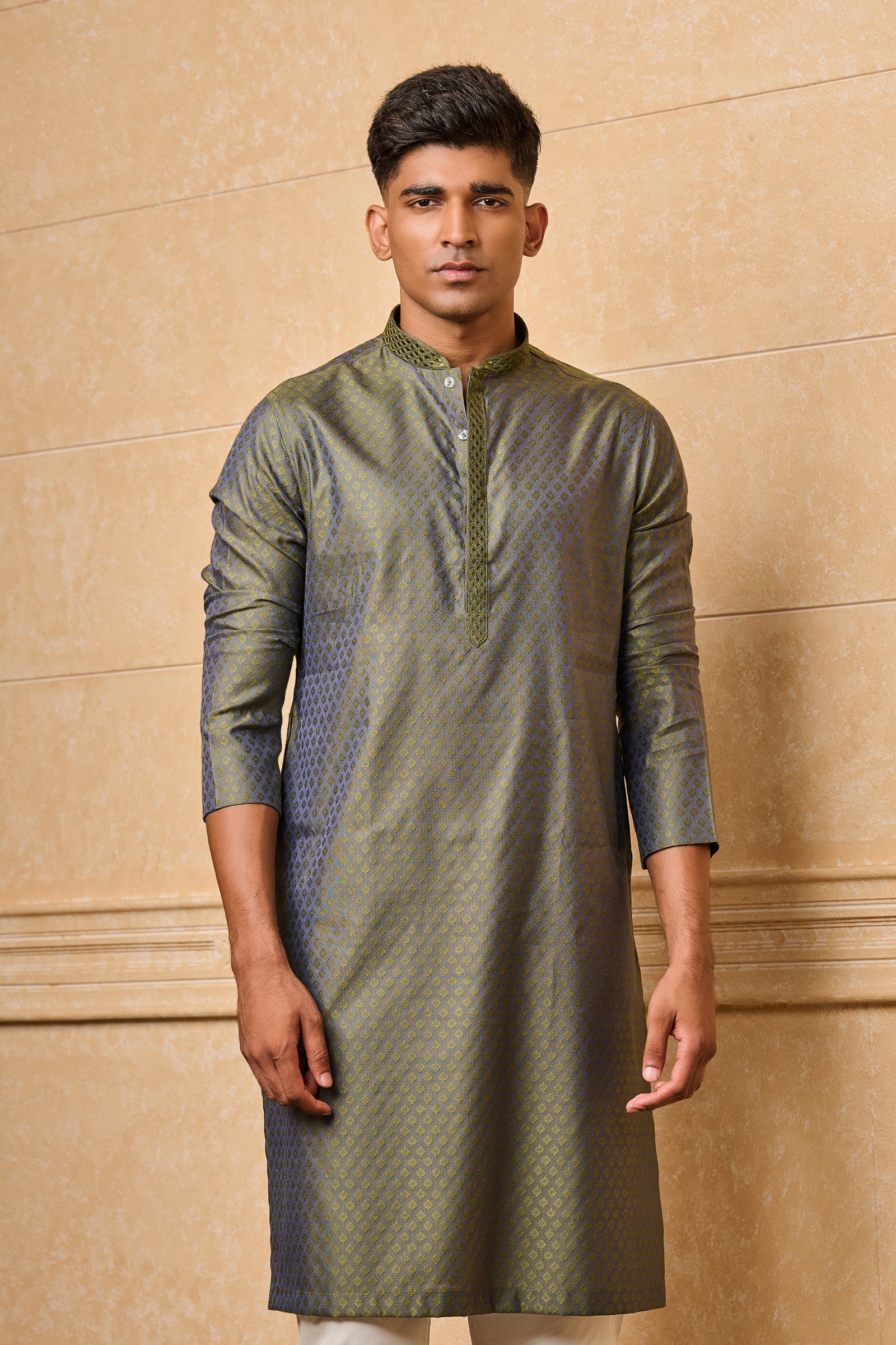 Dark Green Jacquard Kurta Set With Top Stitch Detailing