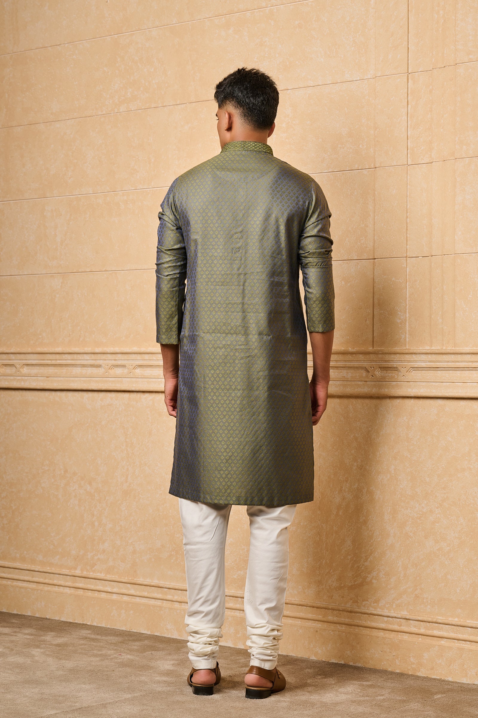 Dark Green Jacquard Kurta Set With Top Stitch Detailing