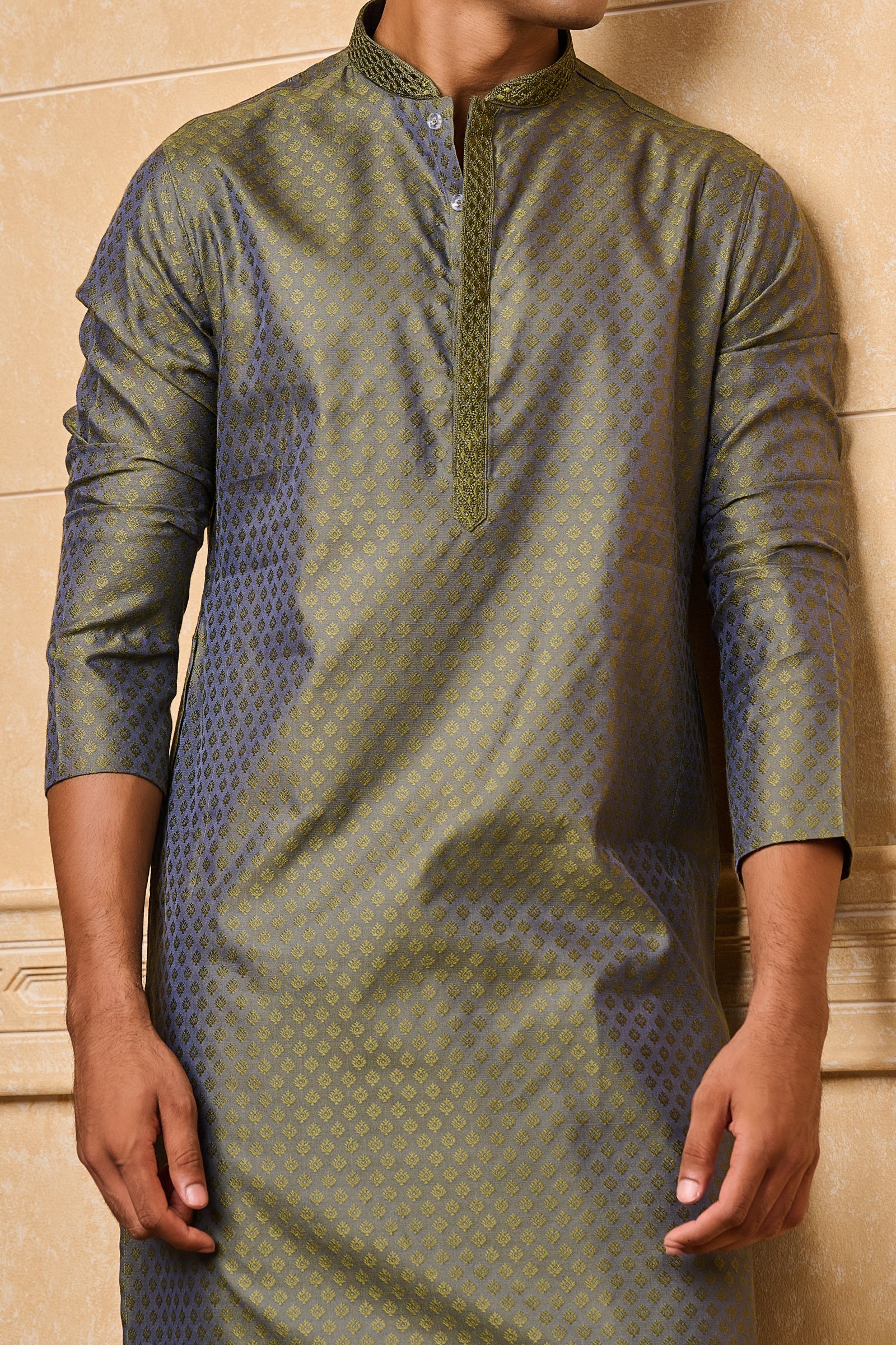 Dark Green Jacquard Kurta Set With Top Stitch Detailing