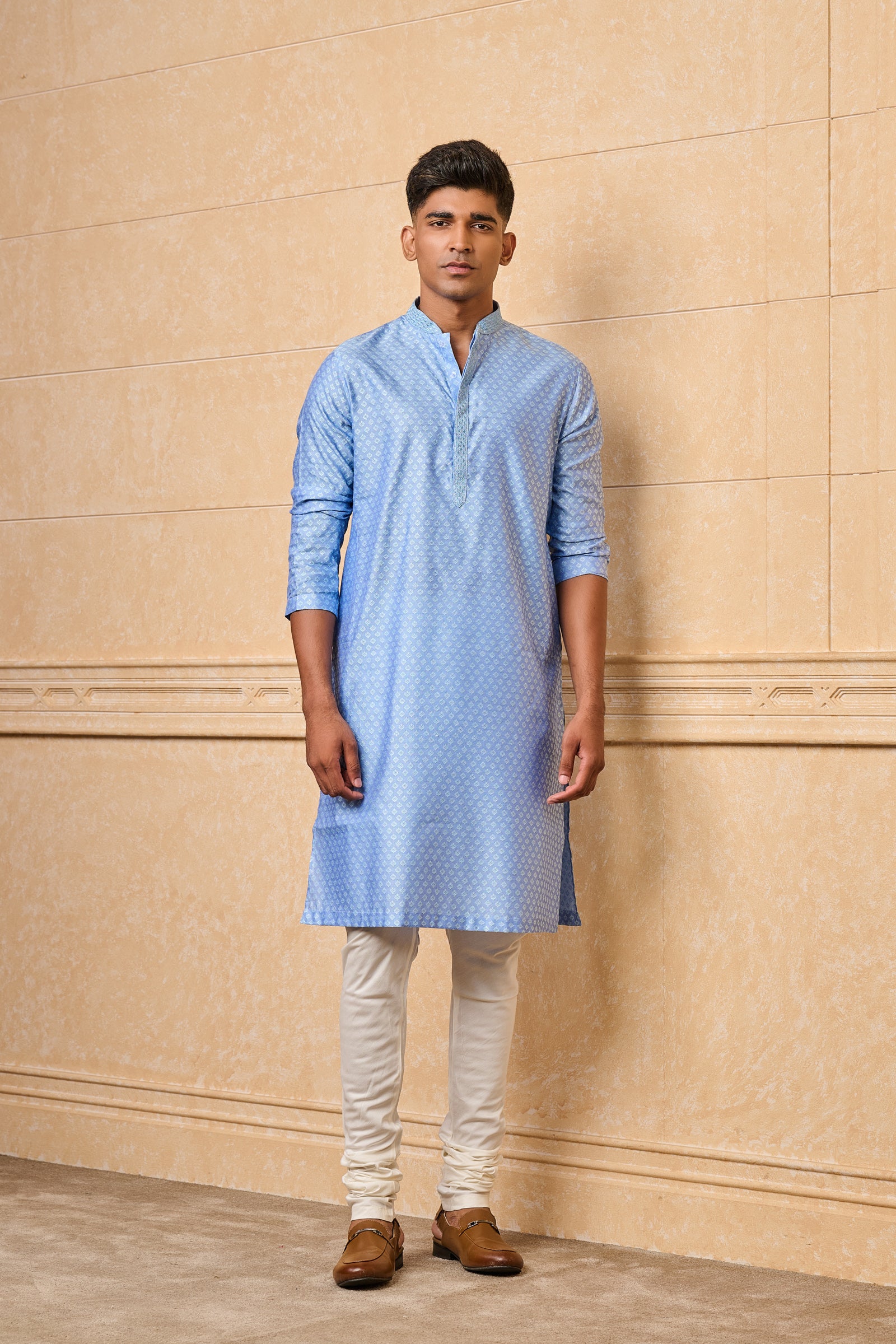 Light Blue Jacquard Kurta Set With Top Stitch Detailing