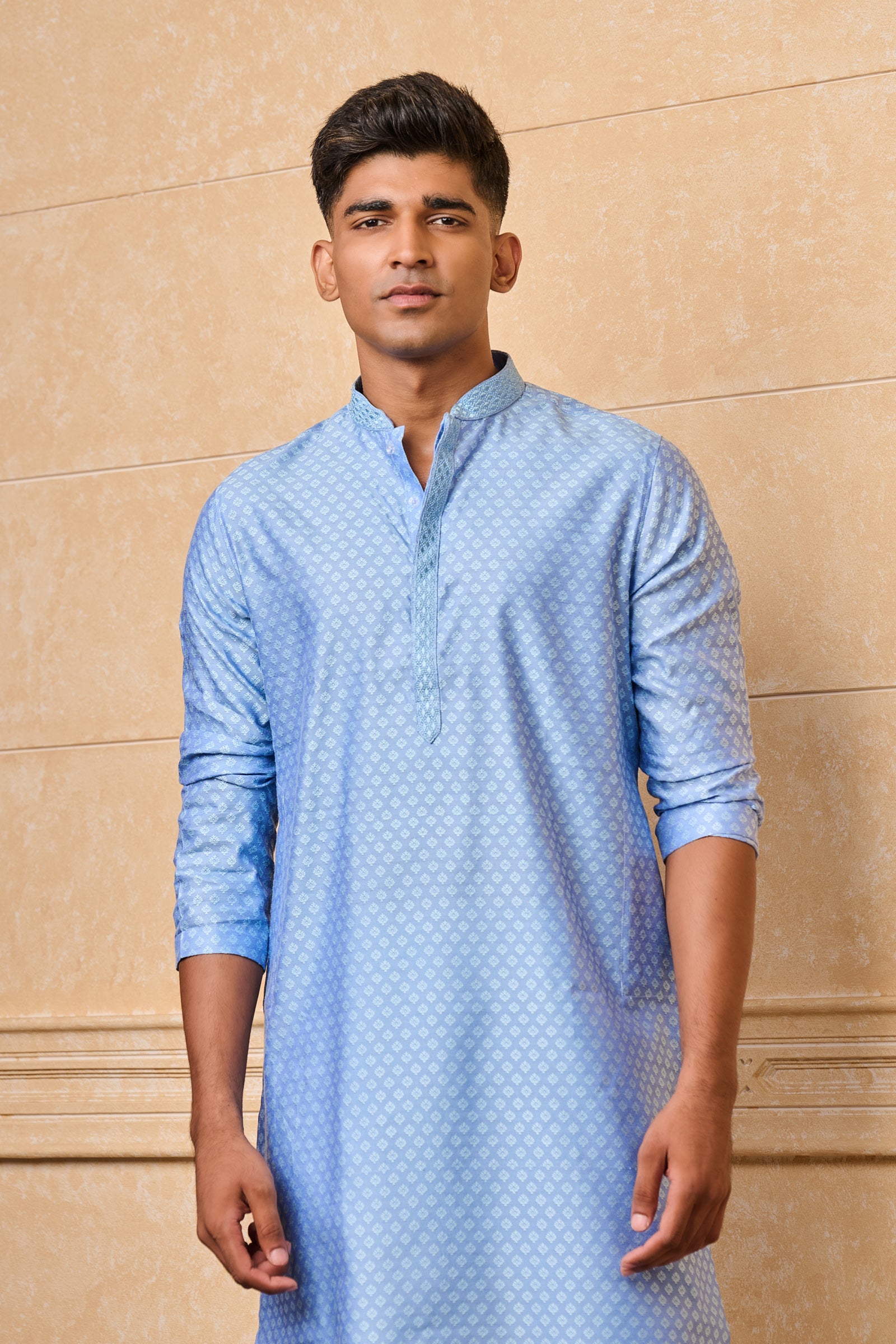 Light Blue Jacquard Kurta Set With Top Stitch Detailing