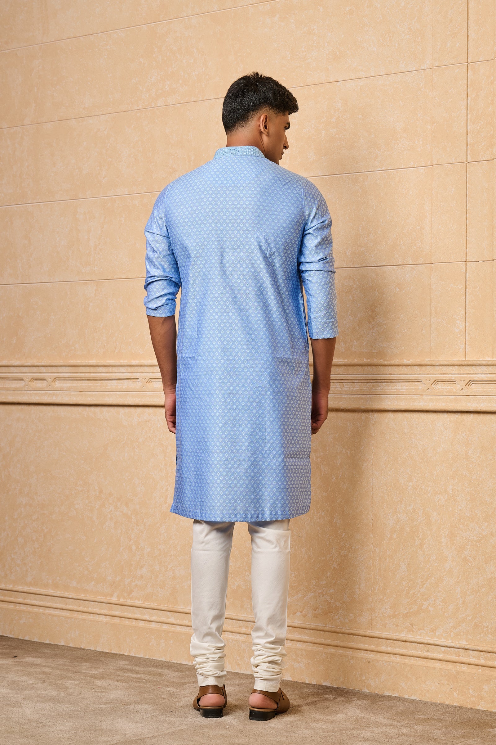 Light Blue Jacquard Kurta Set With Top Stitch Detailing