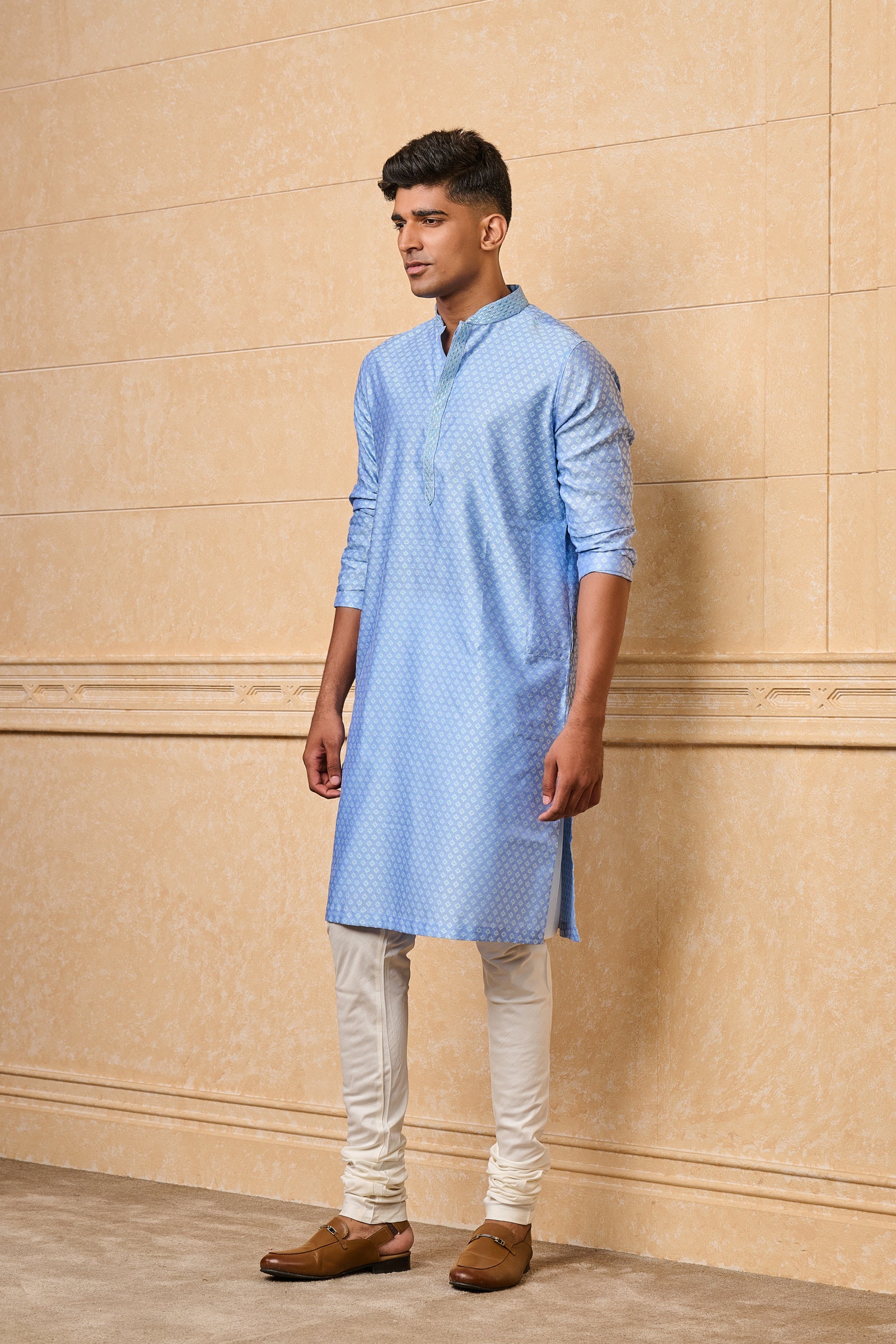 Light Blue Jacquard Kurta Set With Top Stitch Detailing