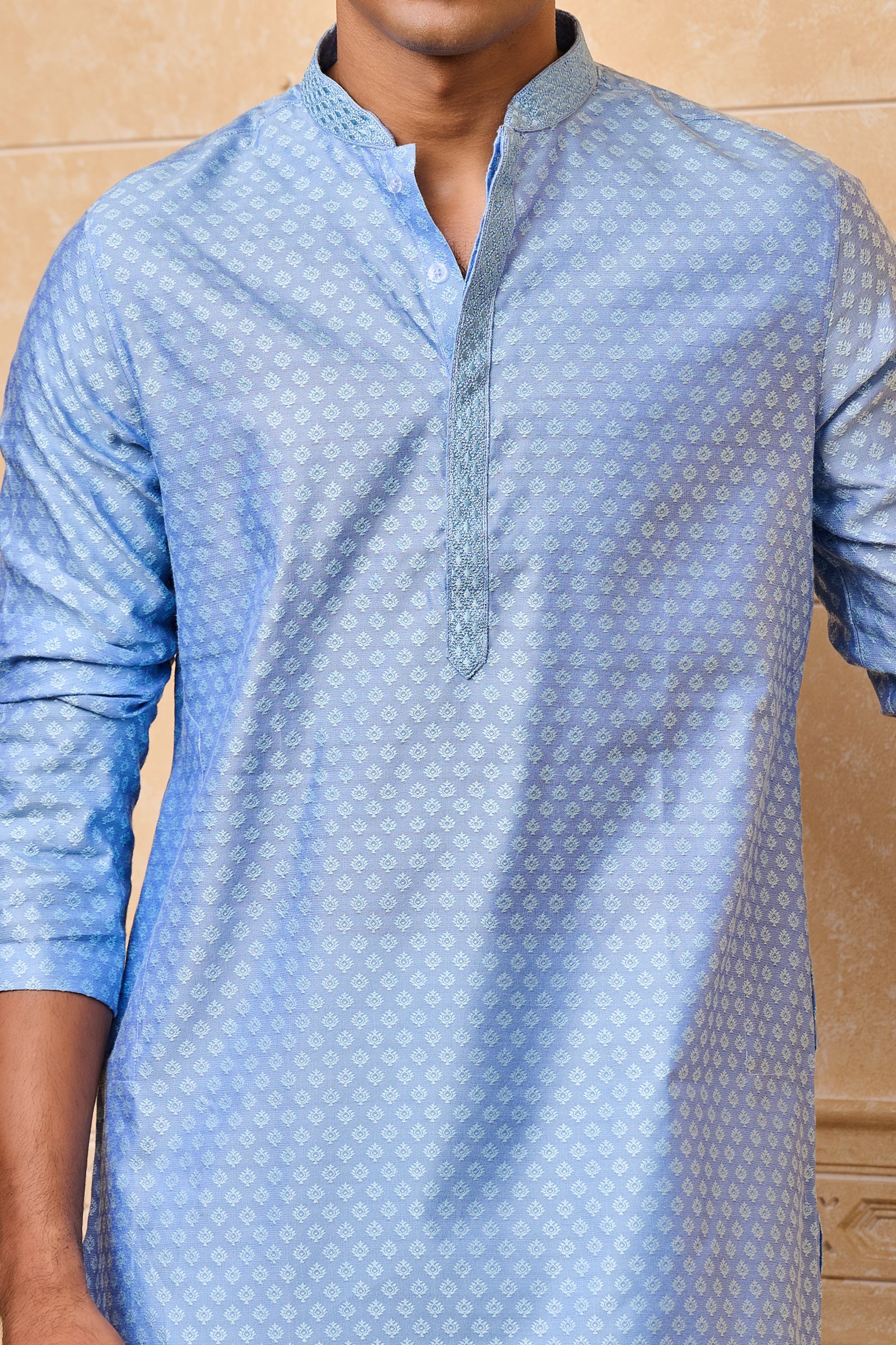 Light Blue Jacquard Kurta Set With Top Stitch Detailing