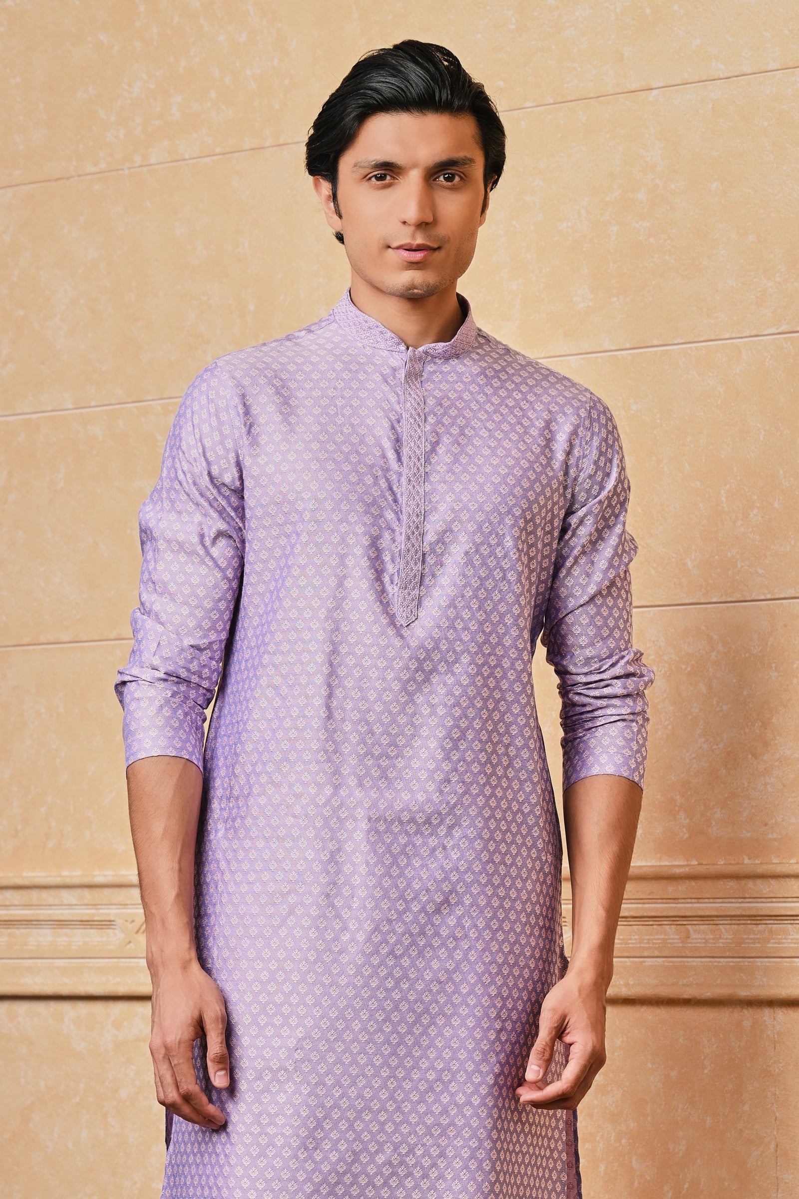 Lilac Jacquard Kurta Set With Top Stitch Detailing