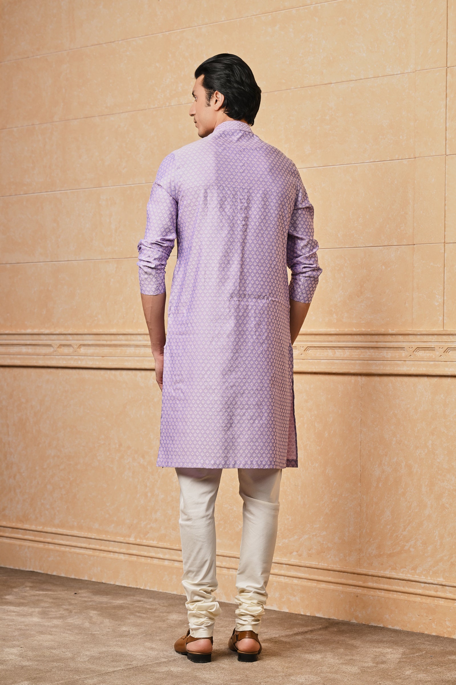 Lilac Jacquard Kurta Set With Top Stitch Detailing