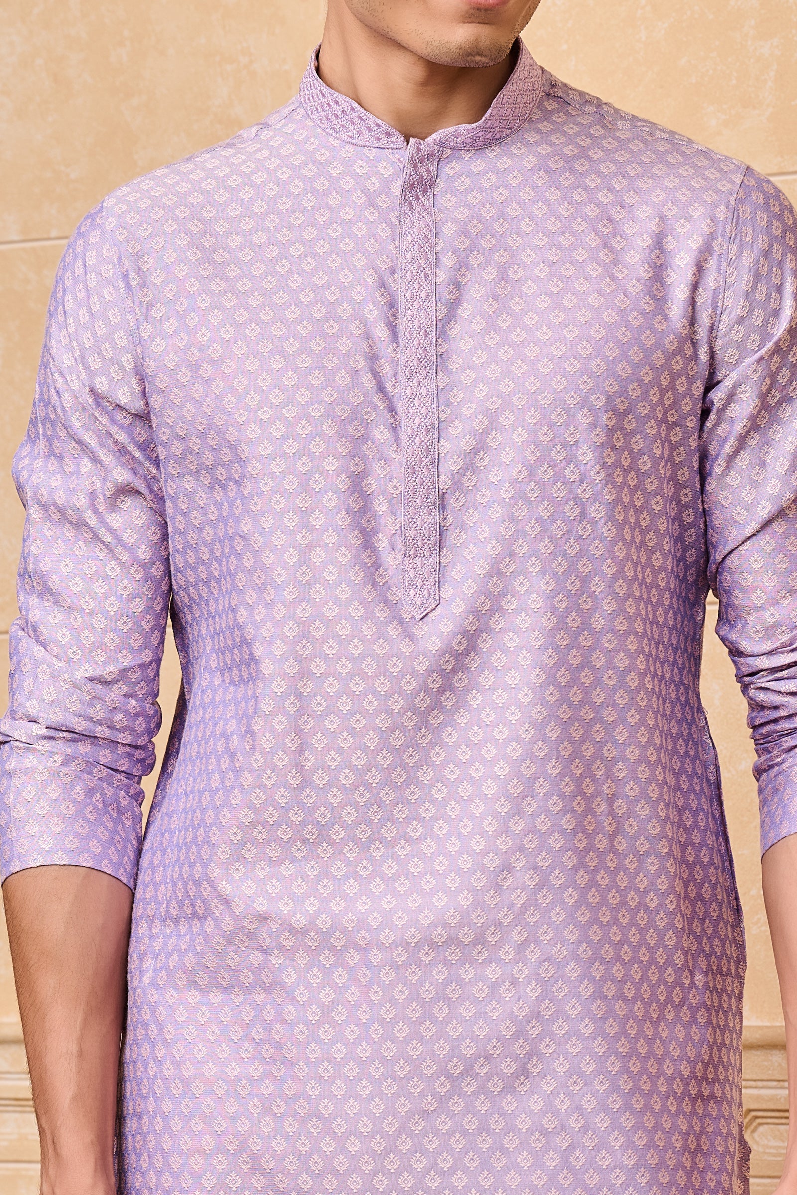 Lilac Jacquard Kurta Set With Top Stitch Detailing