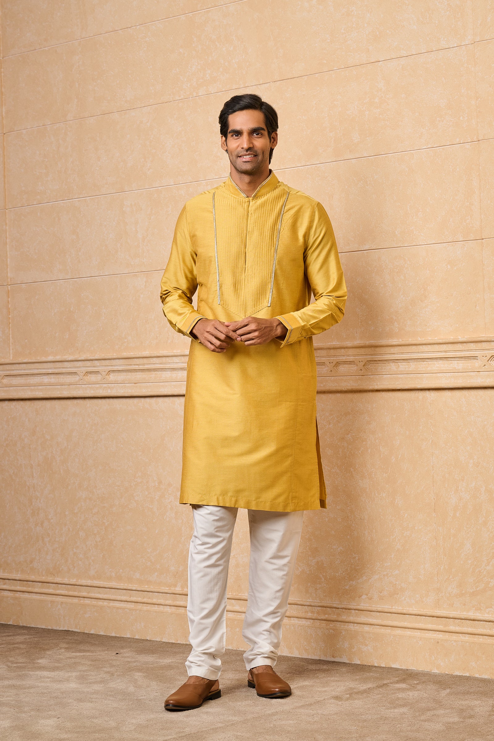 Yellow Kurta Set With Textured Front Yoke