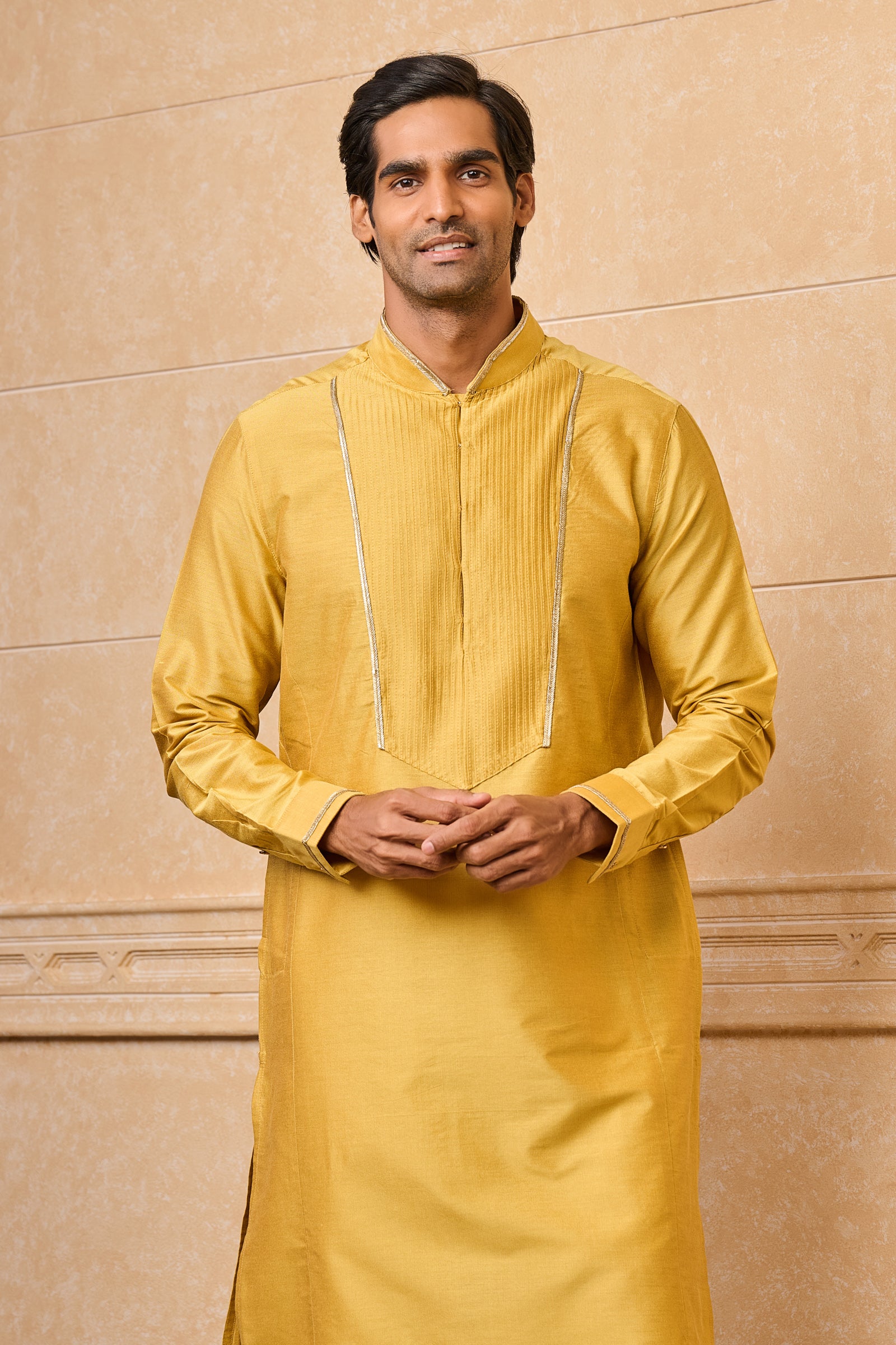 Yellow Kurta Set With Textured Front Yoke