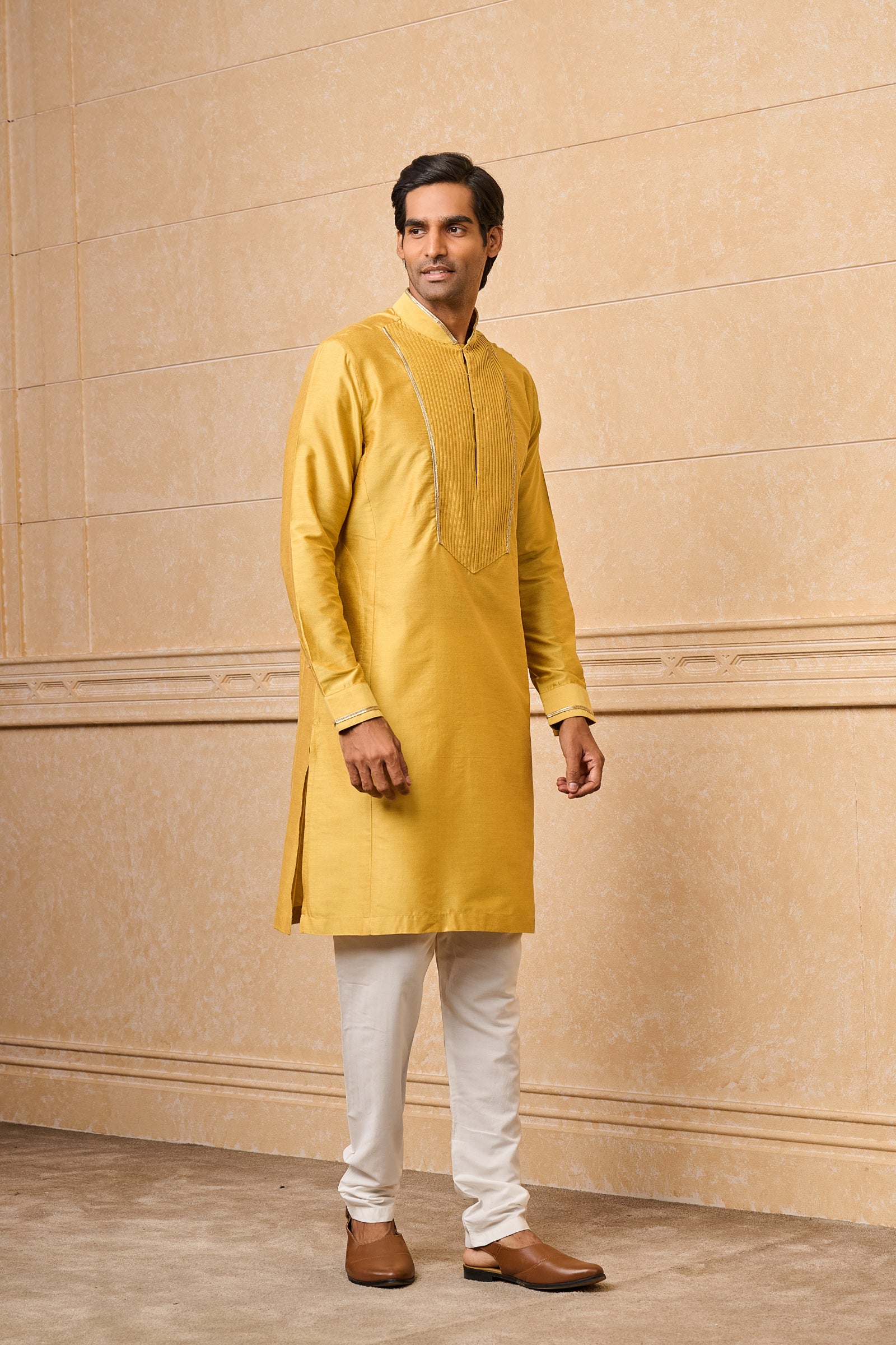 Yellow Kurta Set With Textured Front Yoke