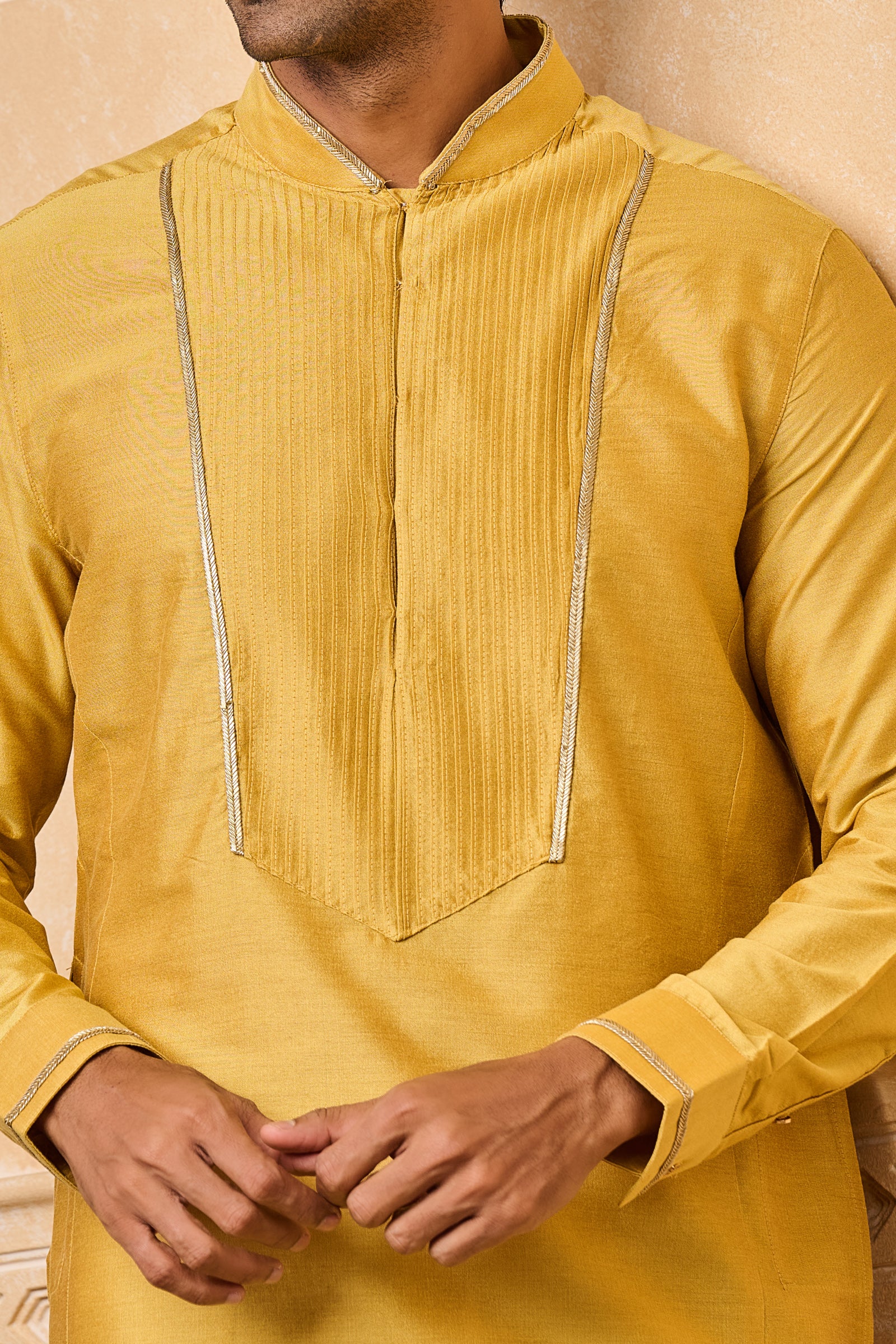 Yellow Kurta Set With Textured Front Yoke