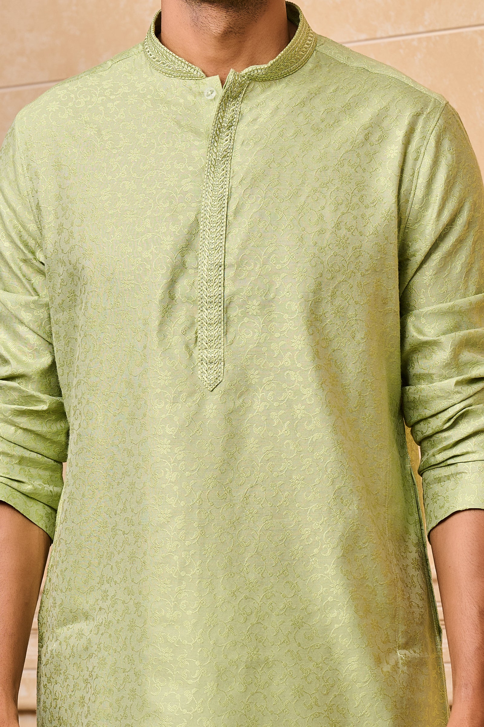 Light Green Floral Kurta Set With Top Stich Detailing