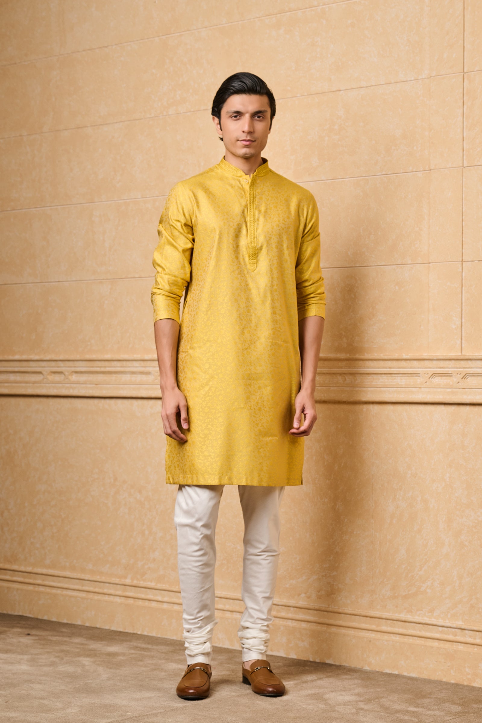 Yellow Floral Kurta Set With Top Stich Detailing