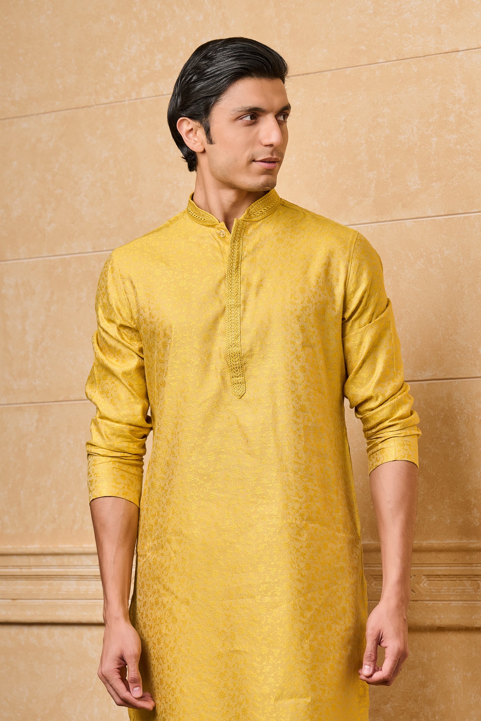 Yellow Floral Kurta Set With Top Stich Detailing