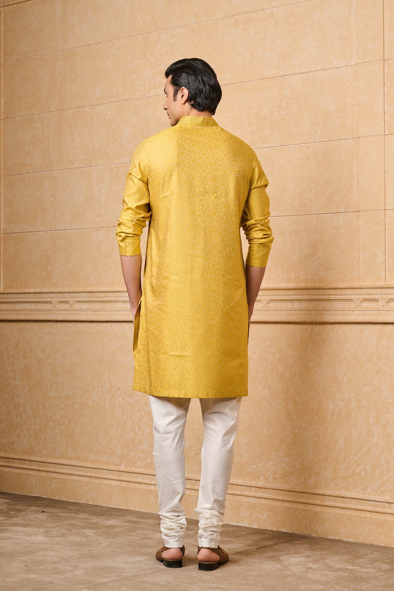 Yellow Floral Kurta Set With Top Stich Detailing