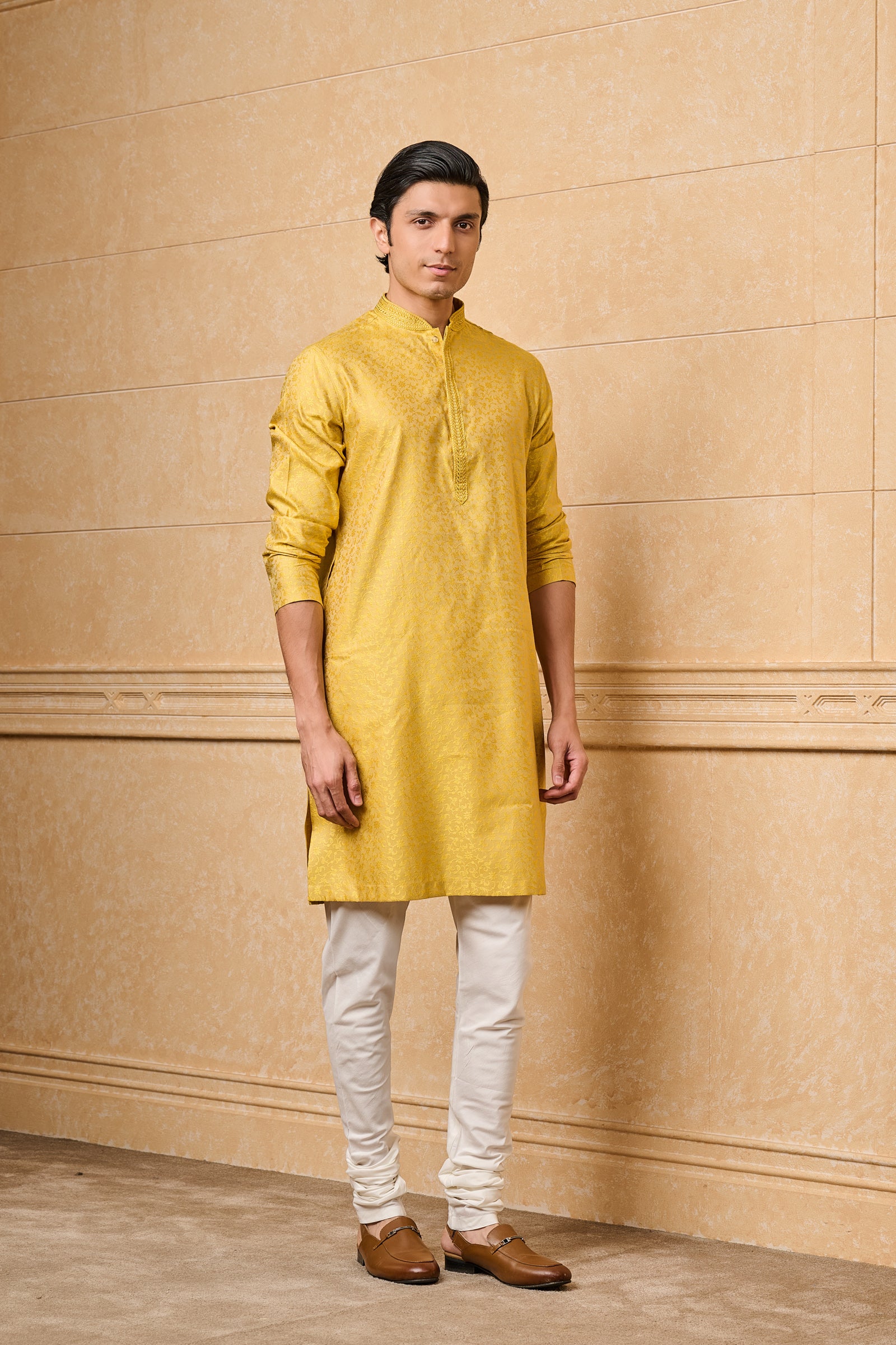 Yellow Floral Kurta Set With Top Stich Detailing