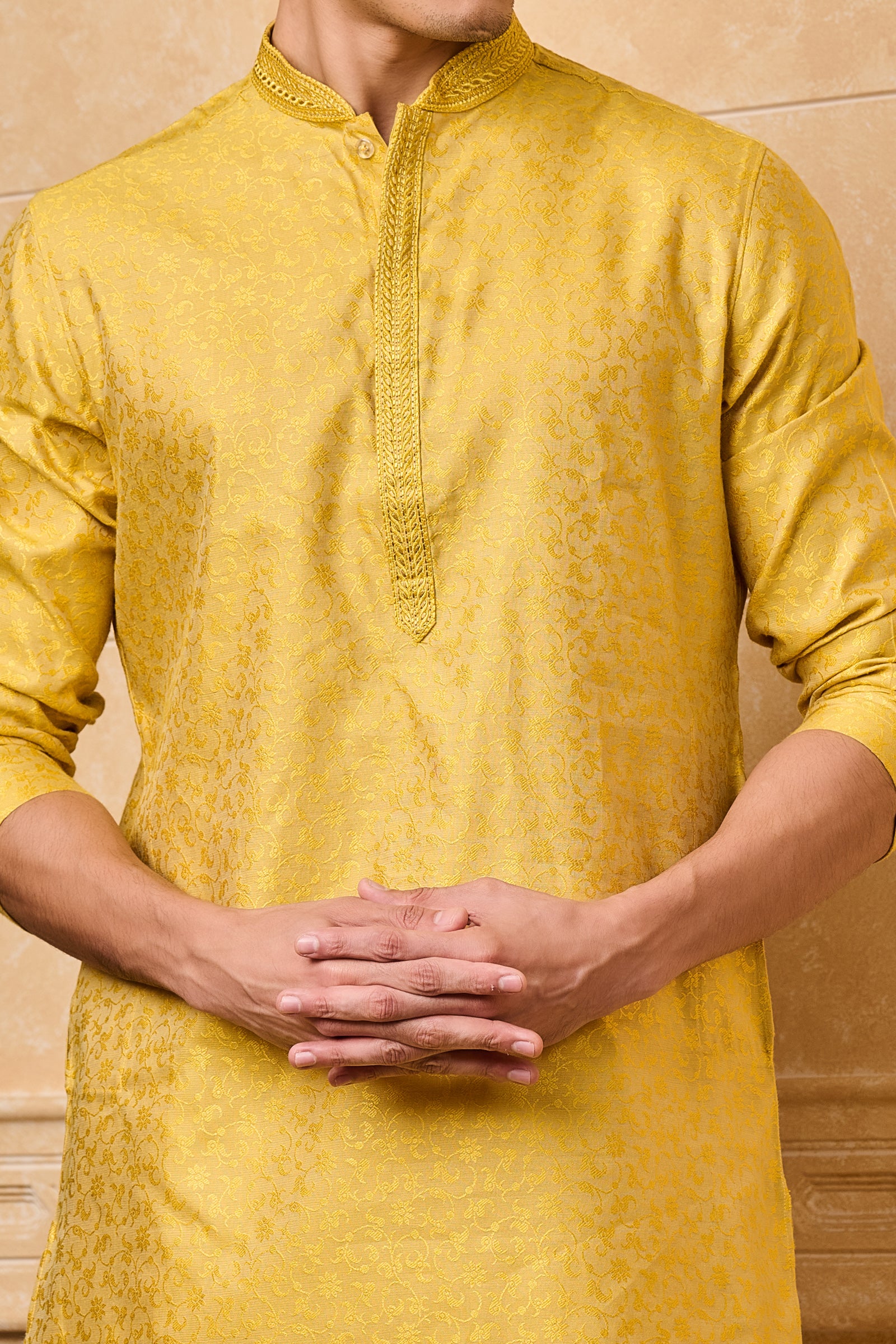 Yellow Floral Kurta Set With Top Stich Detailing