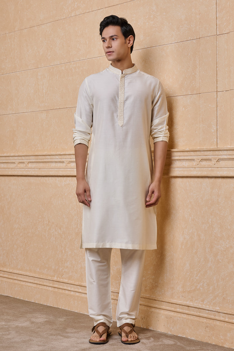 Ivory Staple Kurta Set With Embroidered Placket