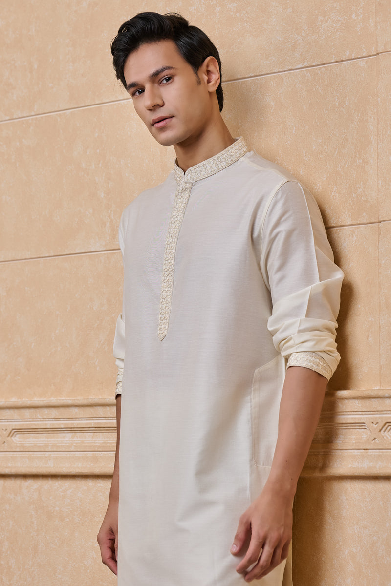 Ivory Staple Kurta Set With Embroidered Placket