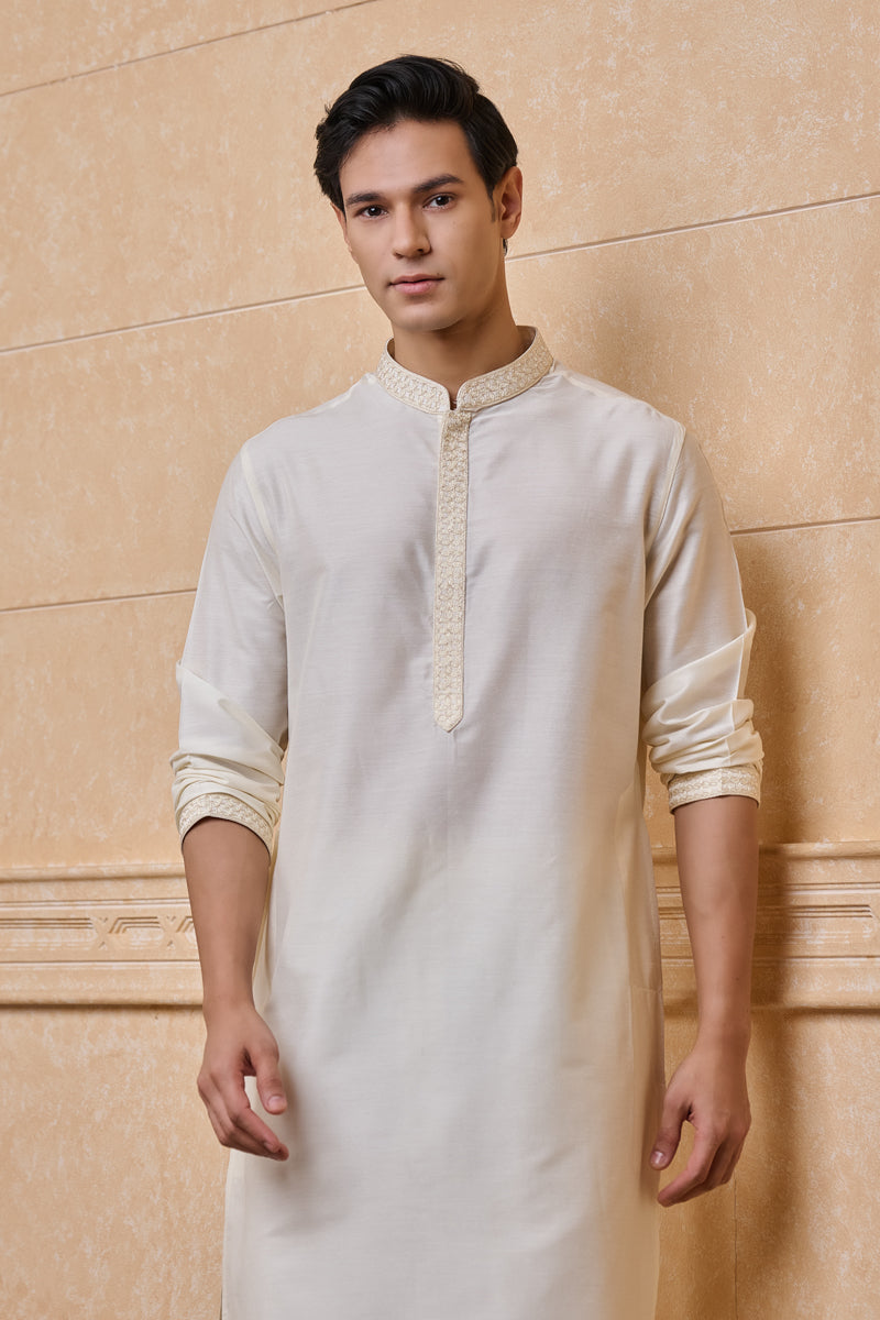 Ivory Staple Kurta Set With Embroidered Placket