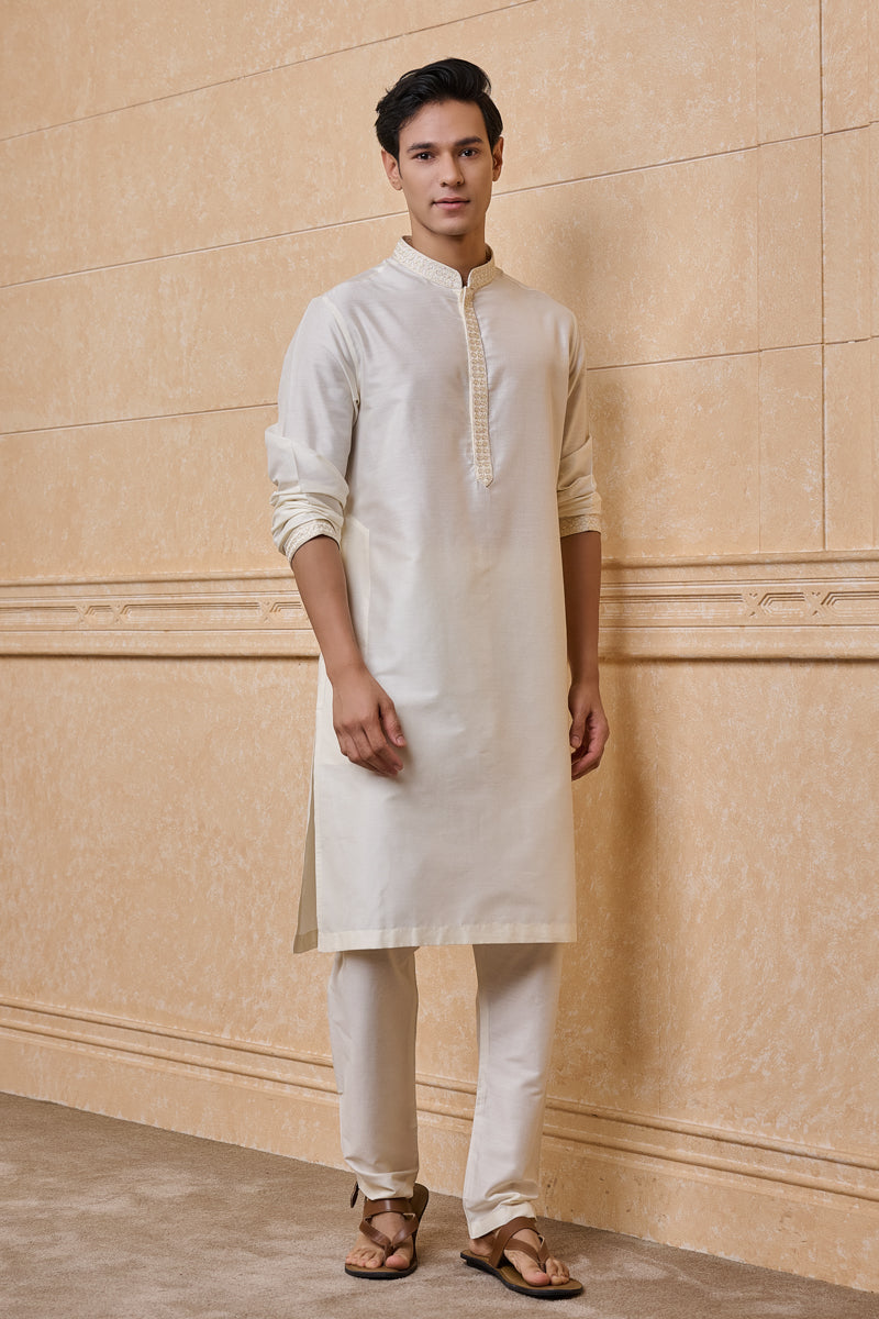 Ivory Staple Kurta Set With Embroidered Placket